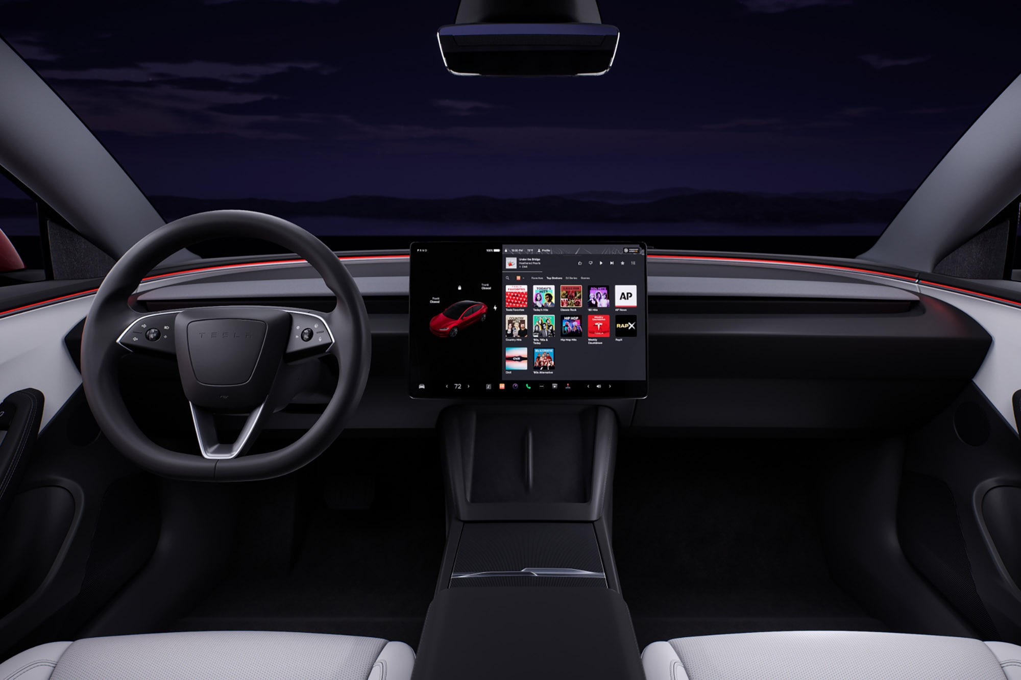 Interior of a Tesla Model 3 with entertainment options on the infotainment screen.