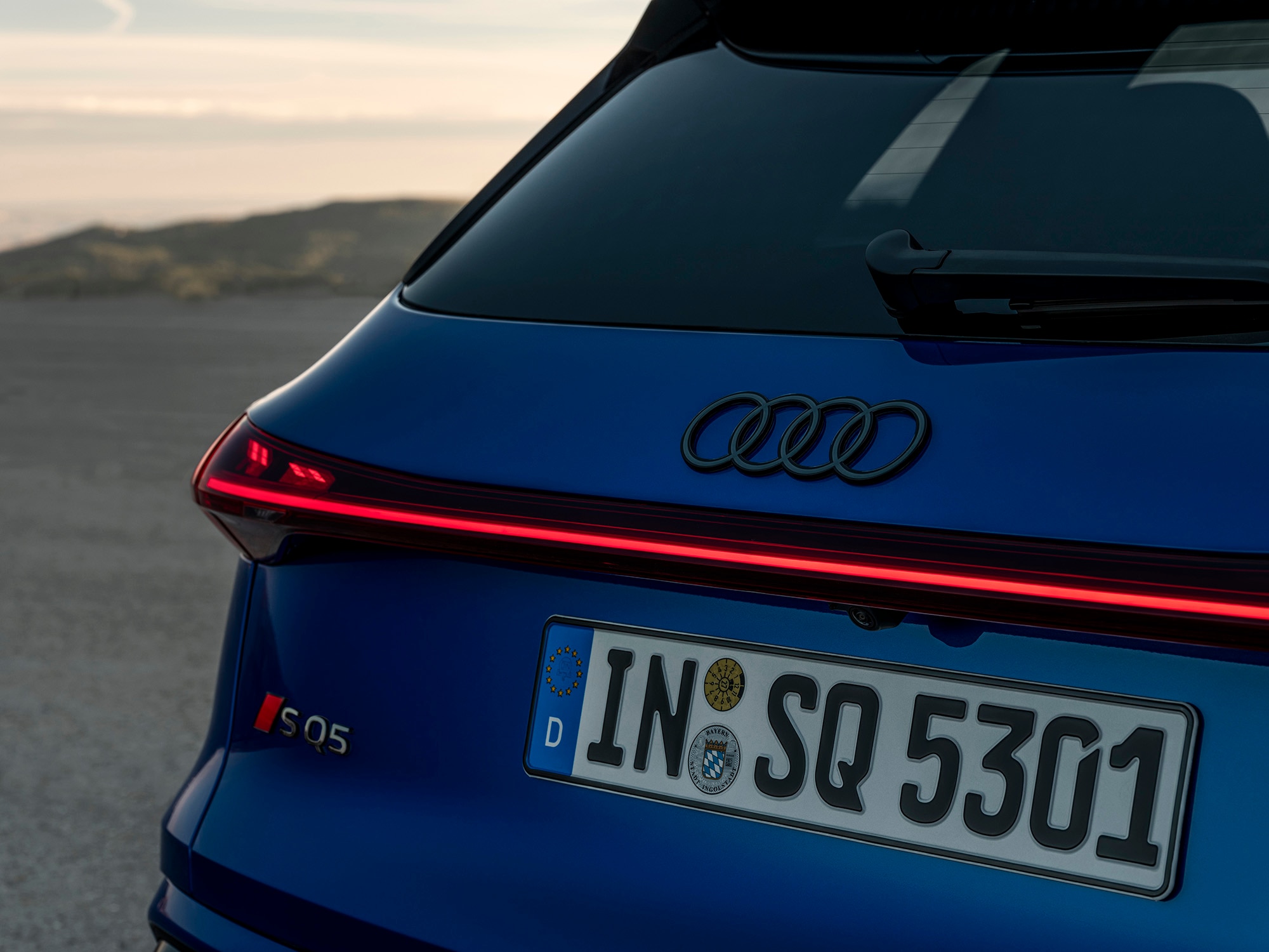 2025 Audi SQ5 in blue, rear hatch detail with German number plate