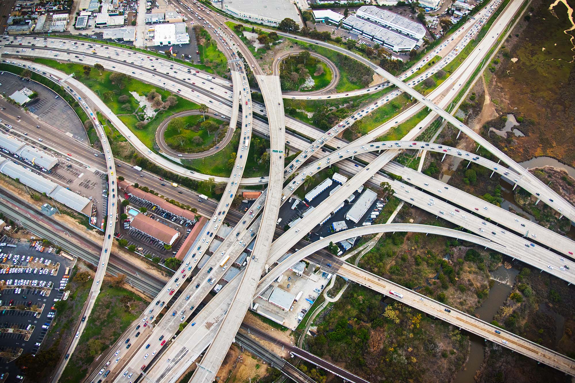 Overhead view of freeway interchange.