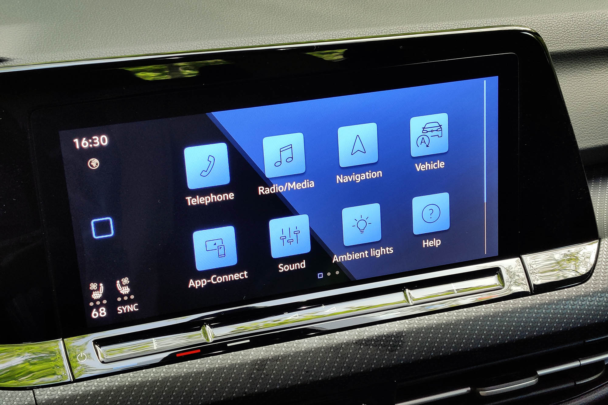 View of a 2024 Volkswagen Golf R interior showing the infotainment screen.