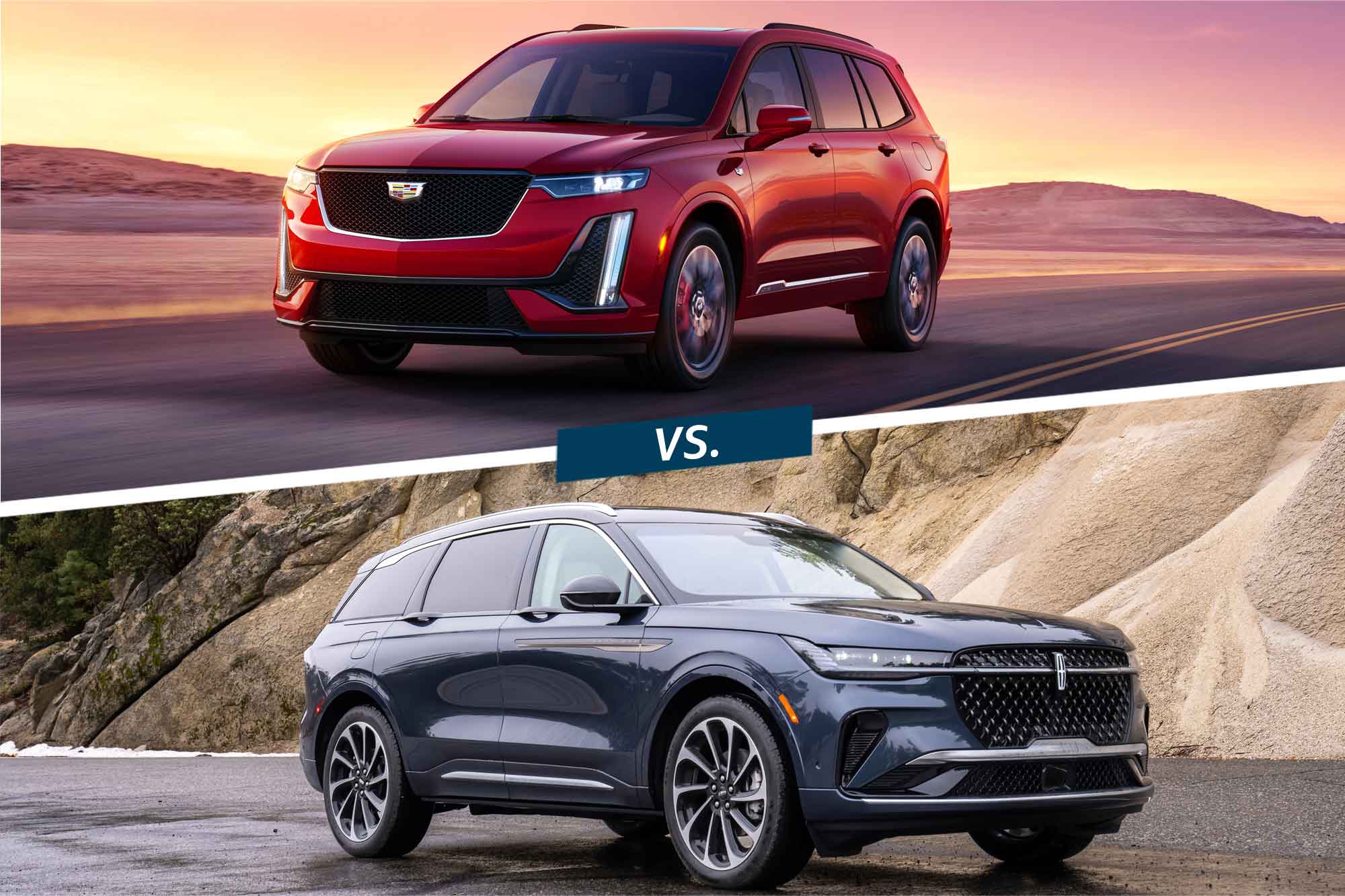 A split image with a red Cadillac XT6 atop a dark blue Lincoln Nautilus.