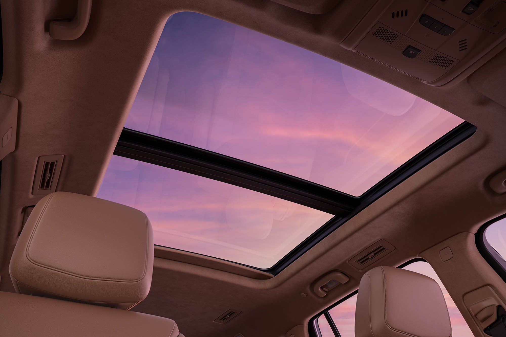 Interior shot of a wide sunroof in the Cadillac XT6.