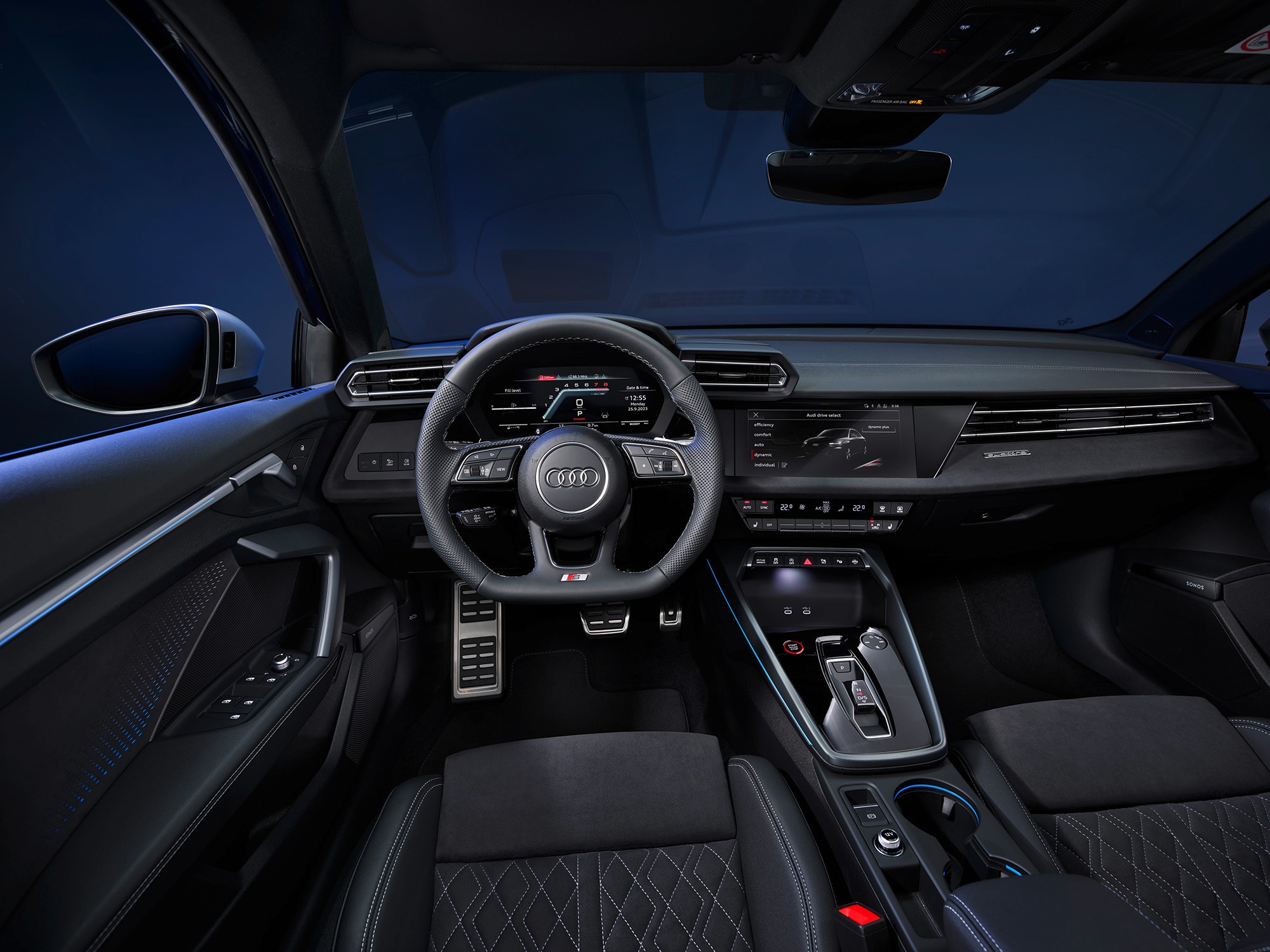 2025 Audi S3 interior in black with quilted seat upholstery