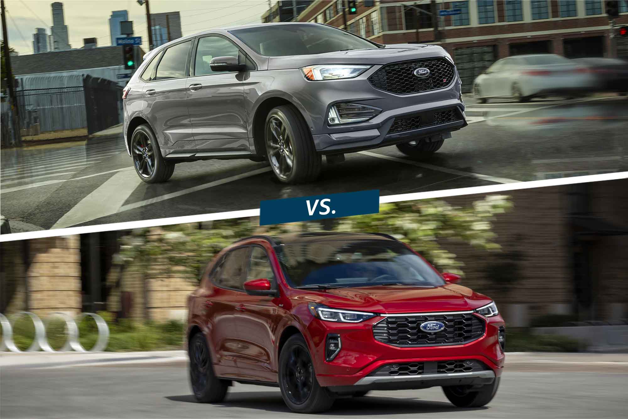 A split image with a gray Ford Edge atop a red Ford Escape.