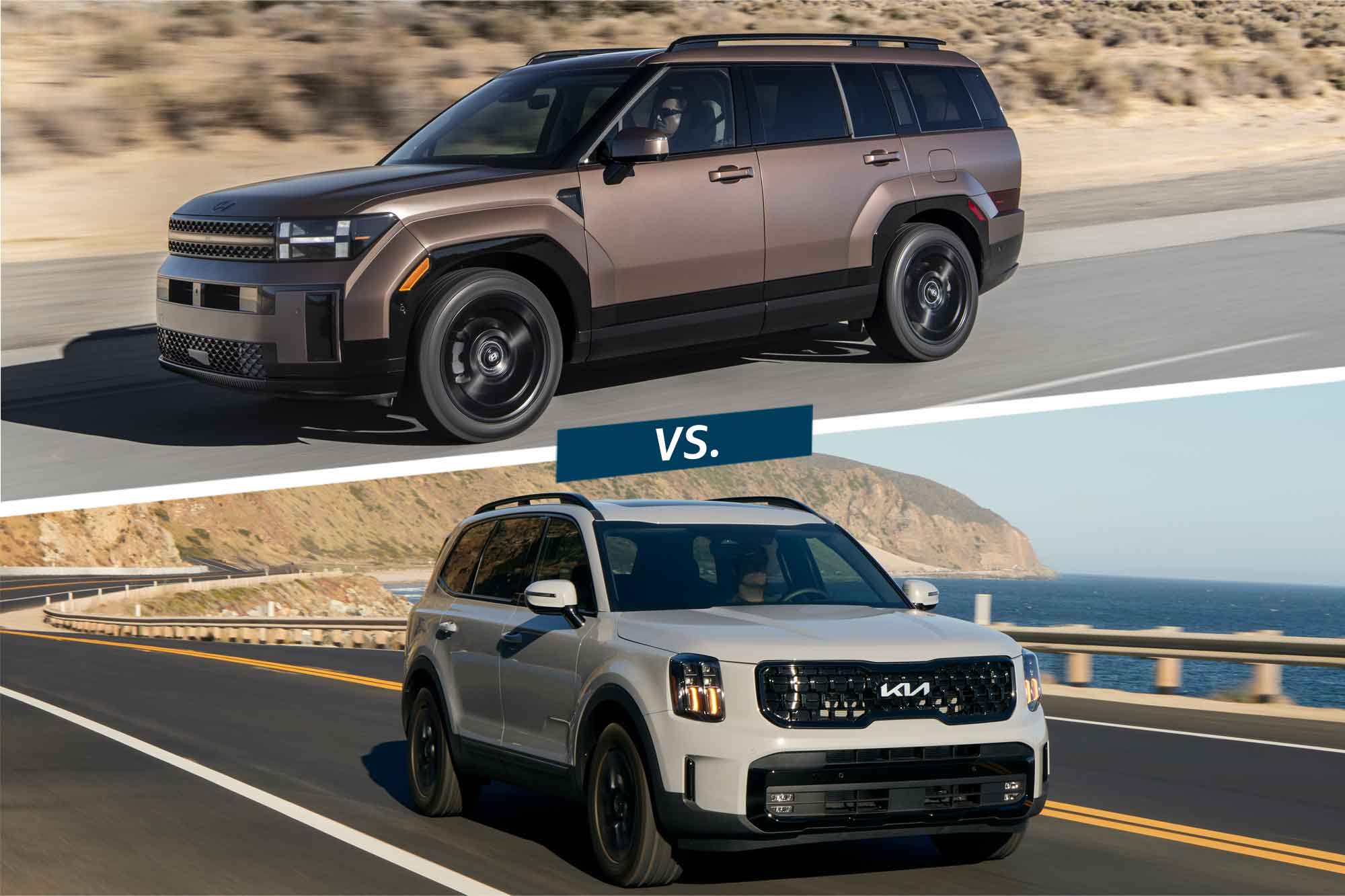 Split image with a bronze Hyundai Santa Fe atop a light gray Kia Telluride.