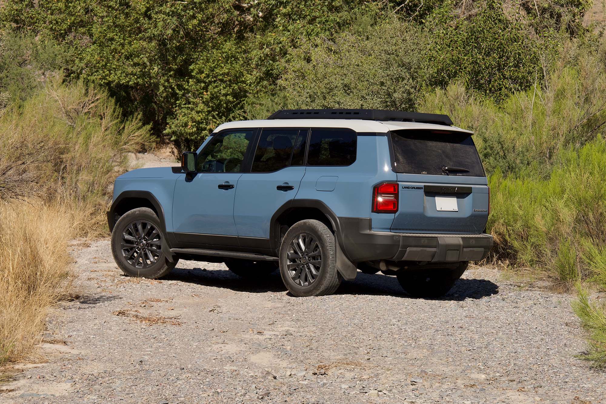 Rear three-quarter view of a blue Toyota Land Cruiser.