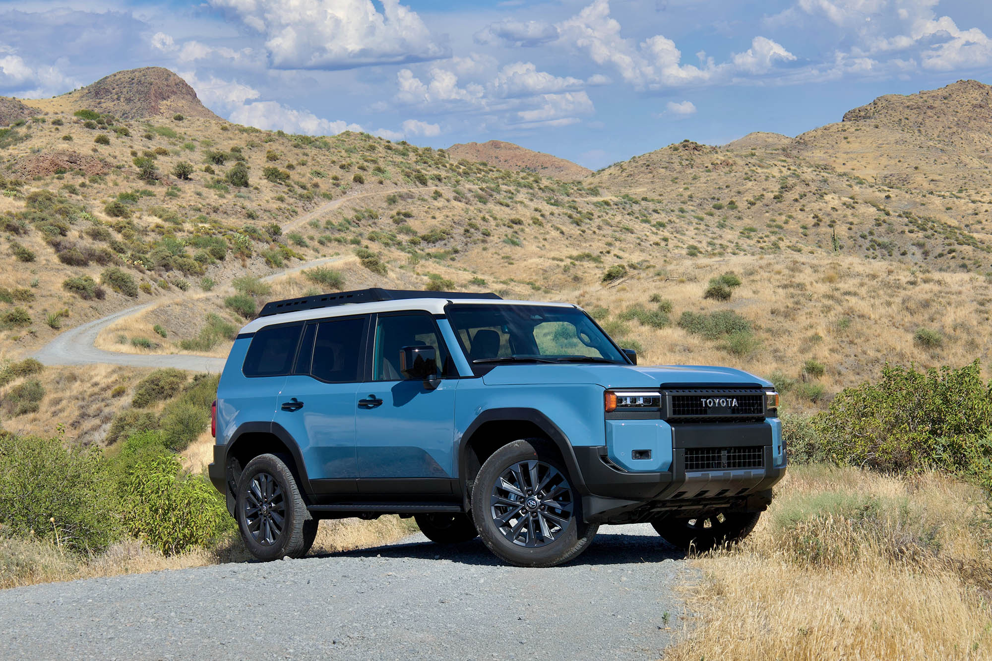 Toyota Land Cruiser in blue parked in the desert.