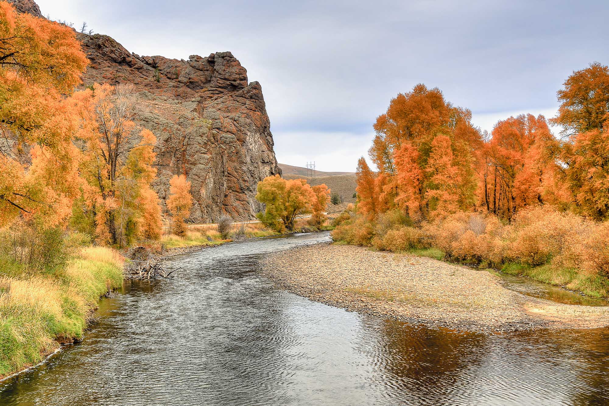 Orange fall foliage and a river near Granby Colorado