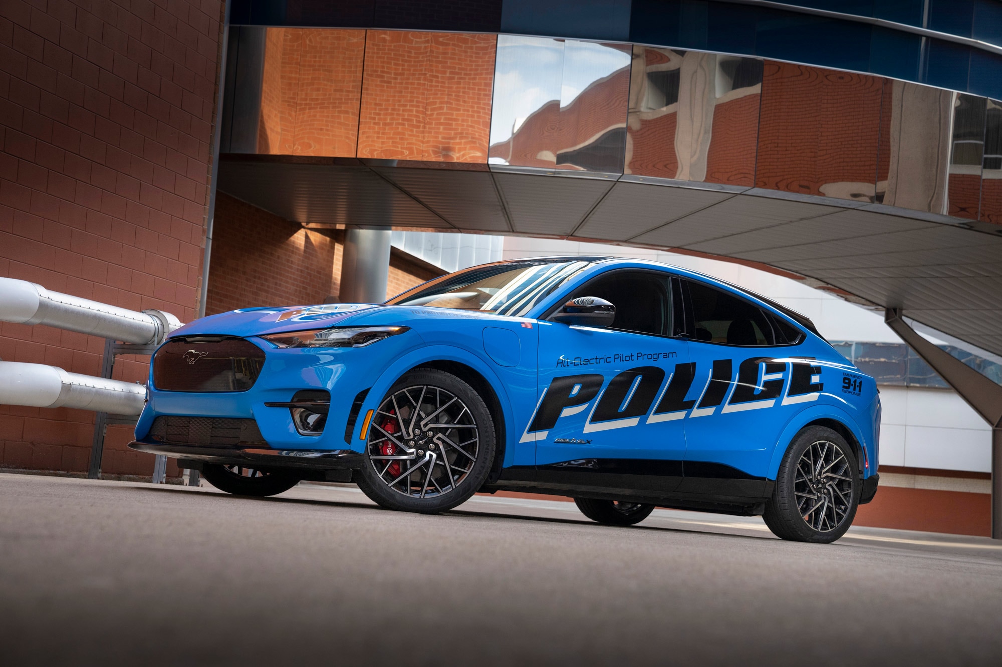 A left-side view of a Ford Mustang Mach-E police vehicle