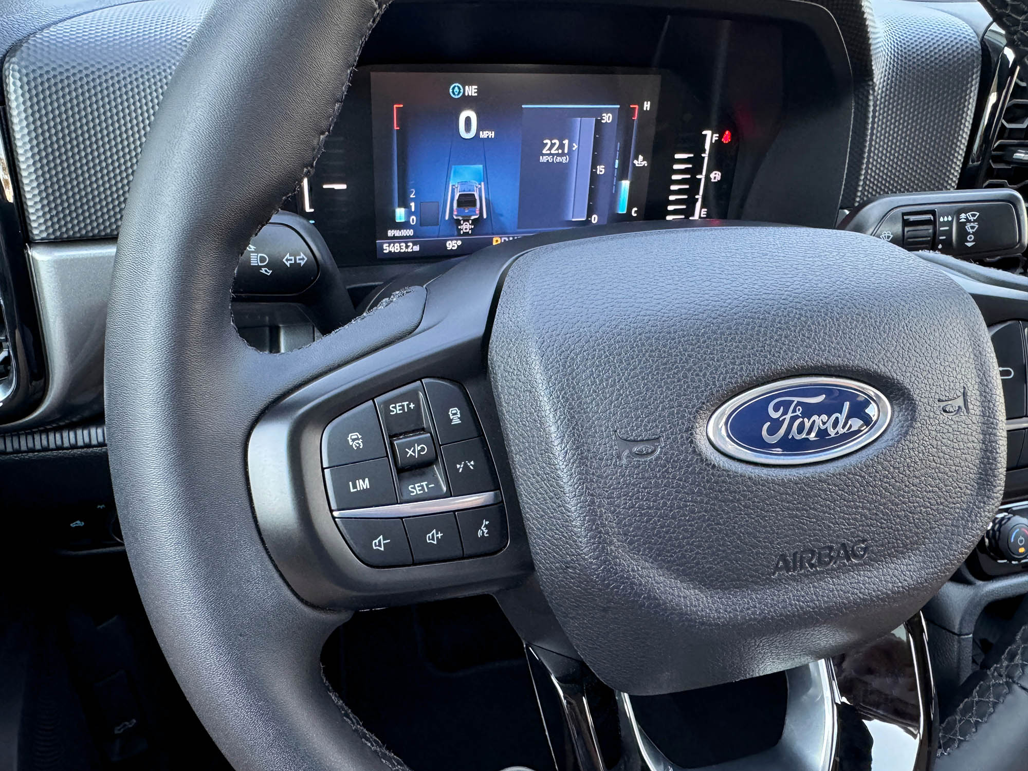 2024 Ford Ranger XLT driver-assistance controls on the steering wheel