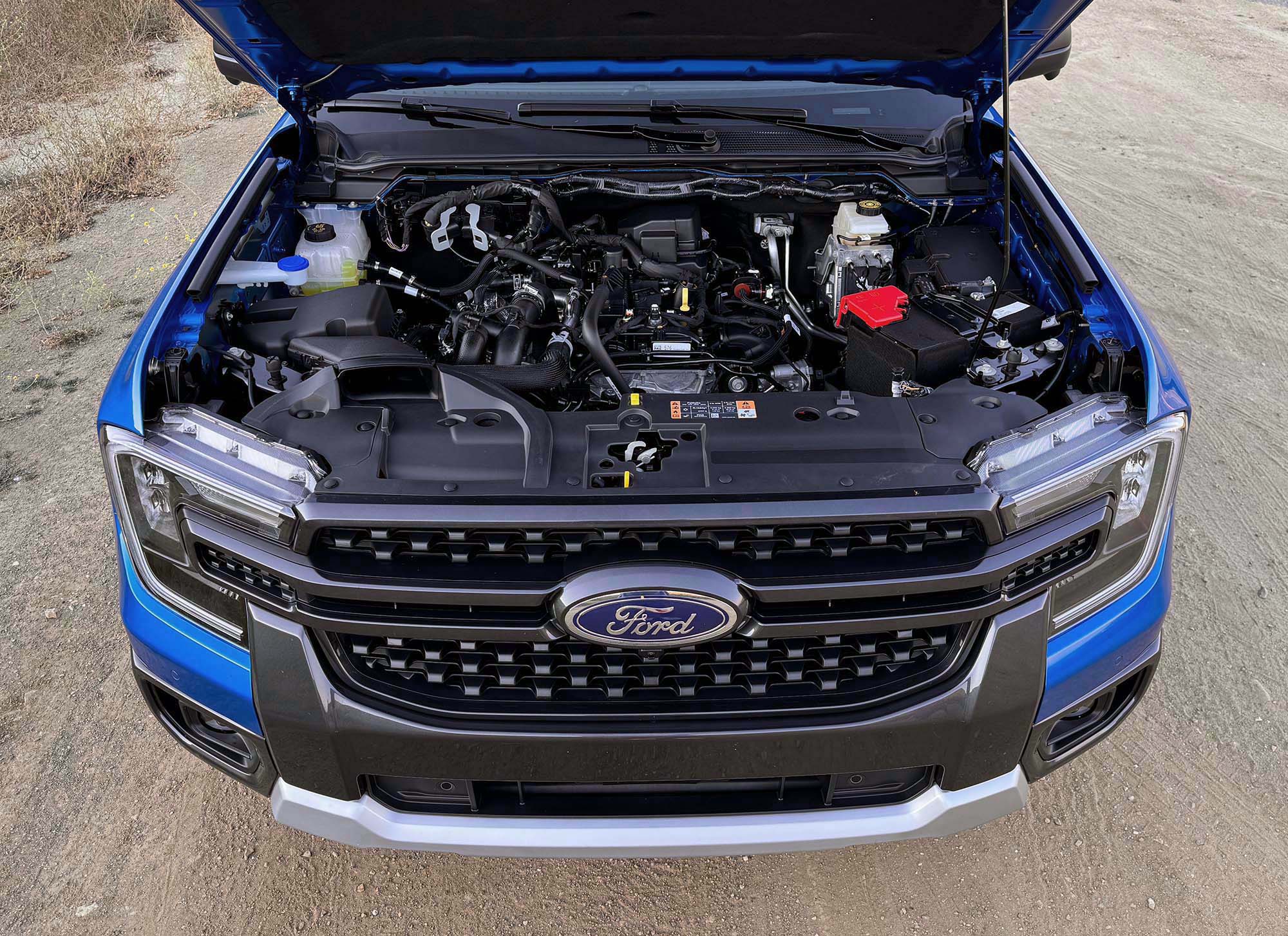 2024 Ford Ranger with hood open showing the turbocharged 2.3-liter EcoBoost four-cylinder engine