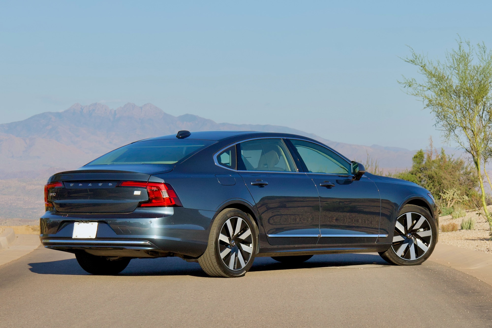 Rear of a 2024 Volvo S90 T8 Recharge in Denim Blue