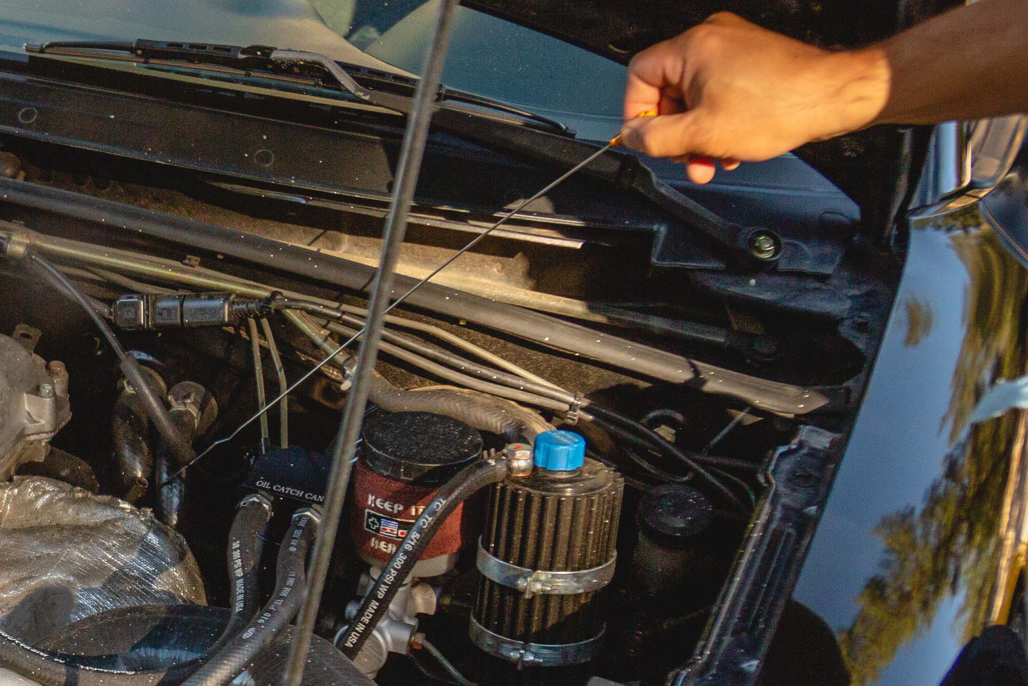 Person's hand holds a dipstick with an oil catch can visible beneath.