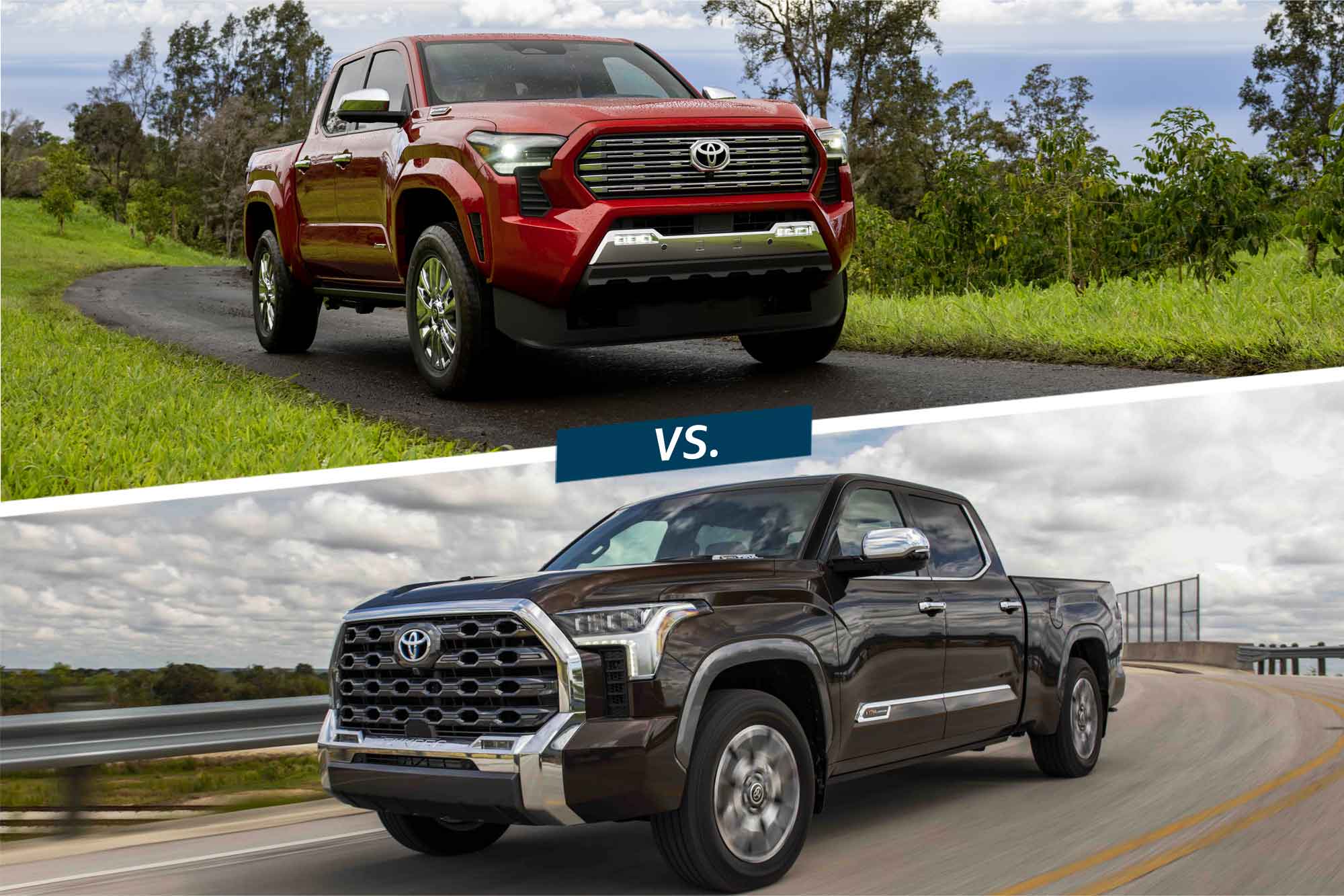 Red Toyota Tacoma in a split image atop a dark brown Toyota Tundra.