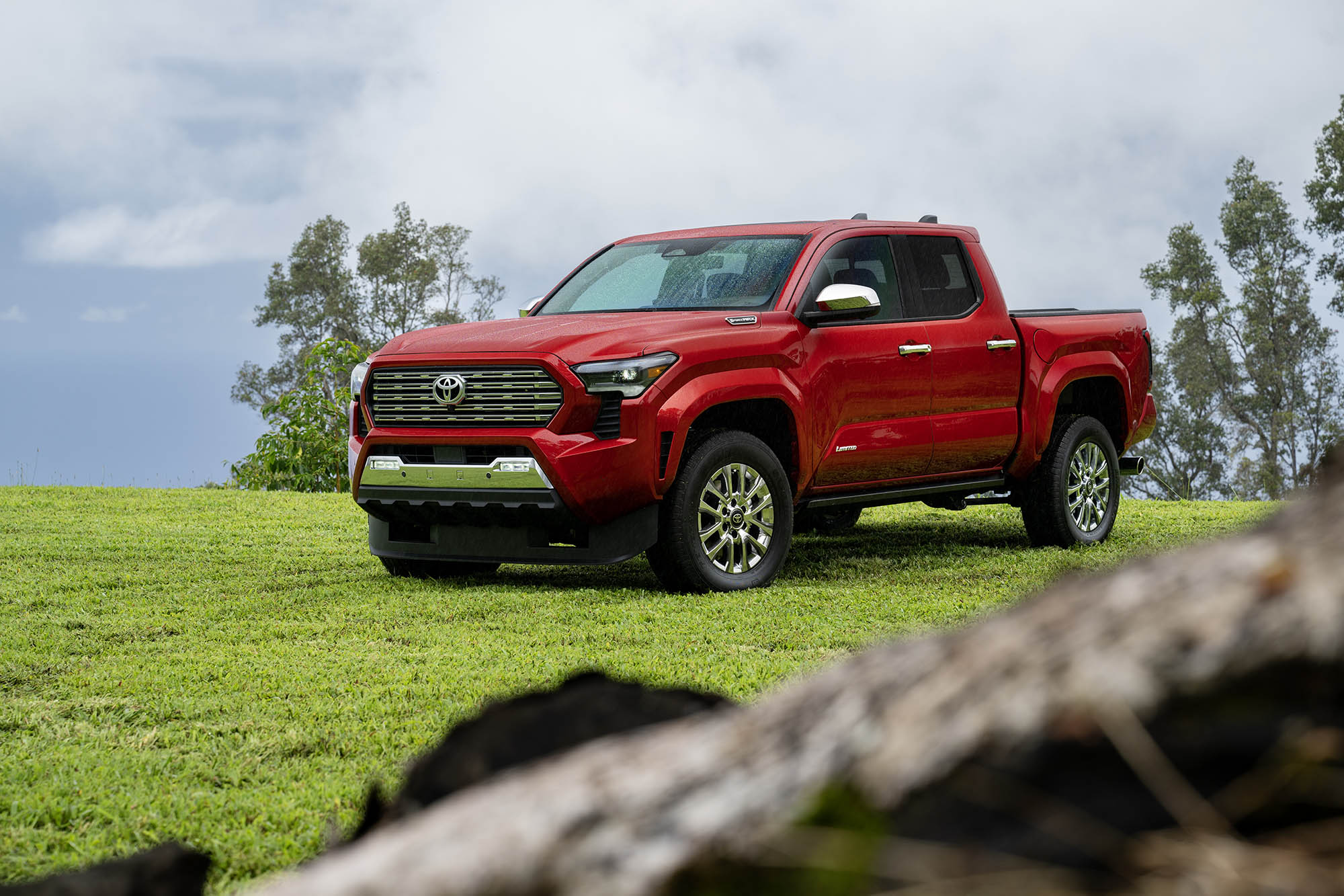 Red Toyota Tacoma parked on grass.