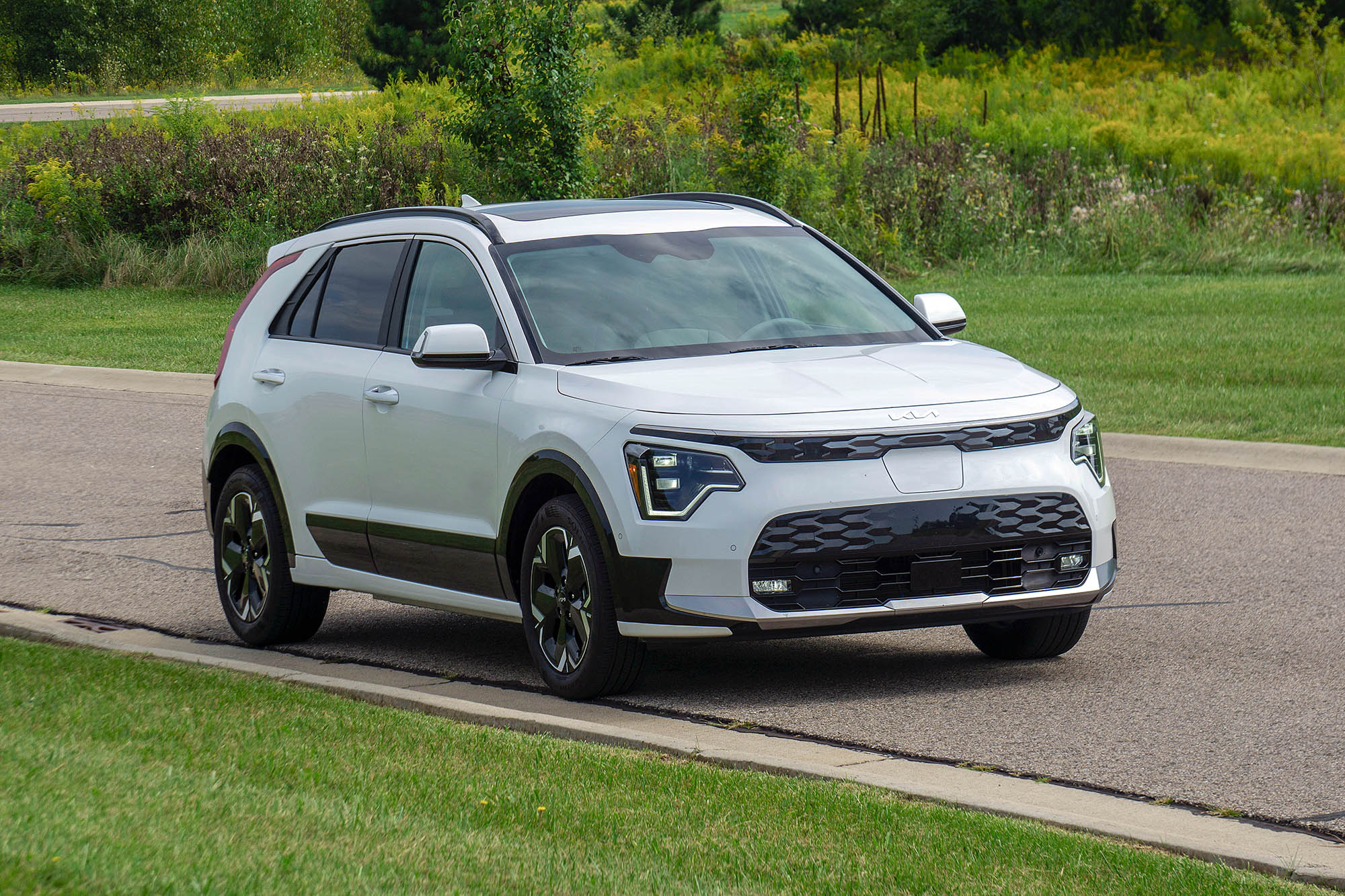 2024 Kia Niro EV Wave in Snow White Pearl with grass and bushes in the background