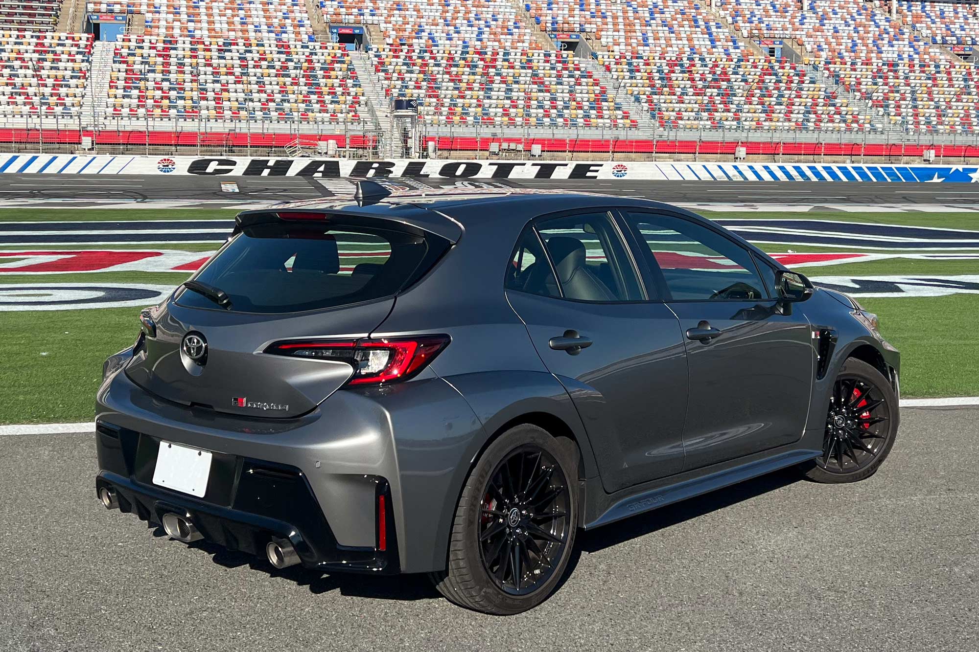 2025 Toyota GR Corolla Premium Plus in Heavy Metal at the Charlotte Motor Speedway