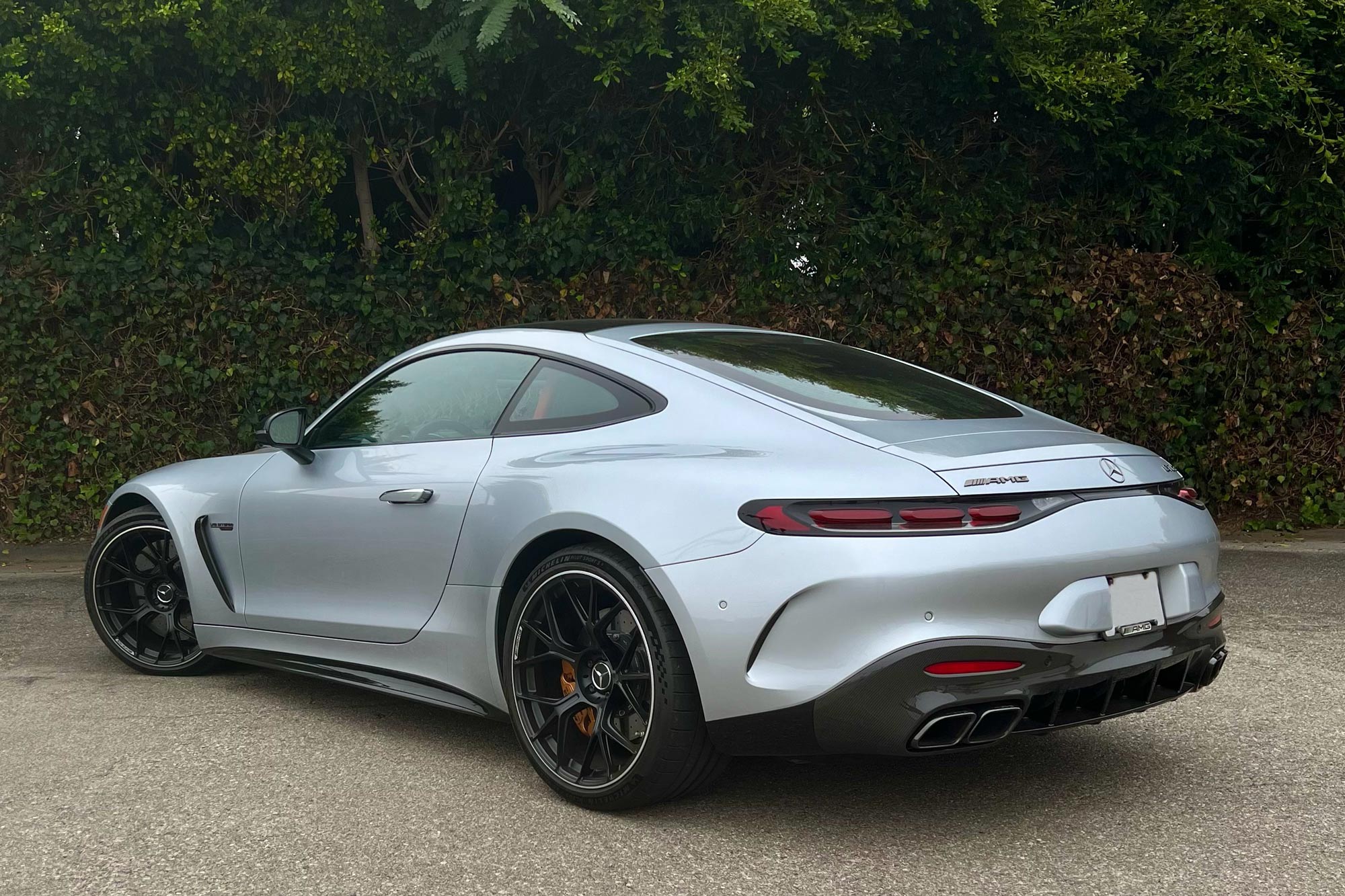 Rear of a 2024 Mercedes-AMG GT 63 Coupe in Cirrus Silver