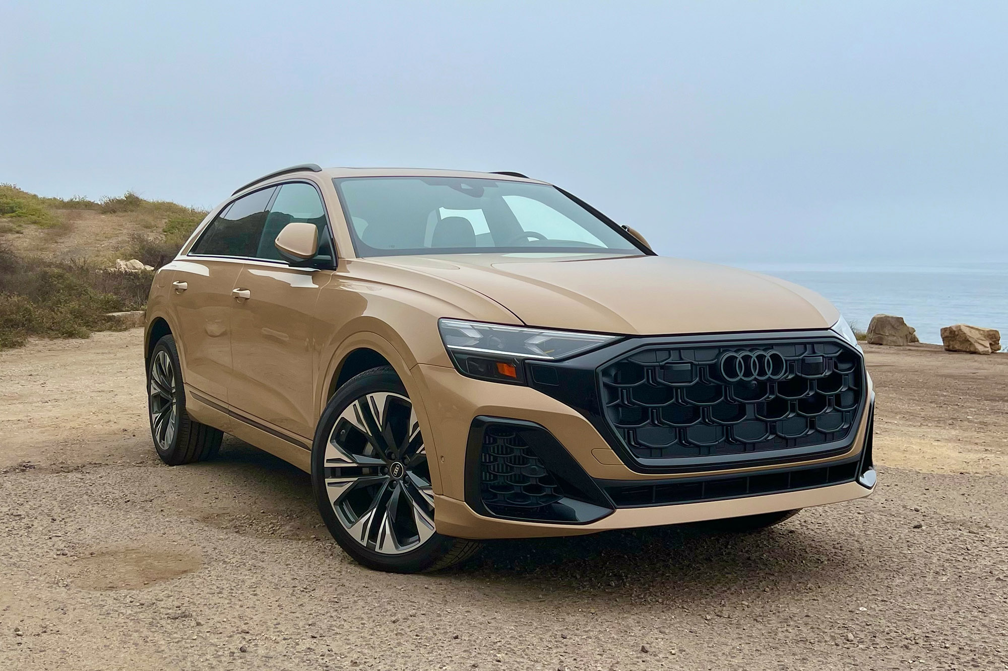 2025 Audi Q8 Prestige in Sakhir Gold Metallic with the ocean in the background.