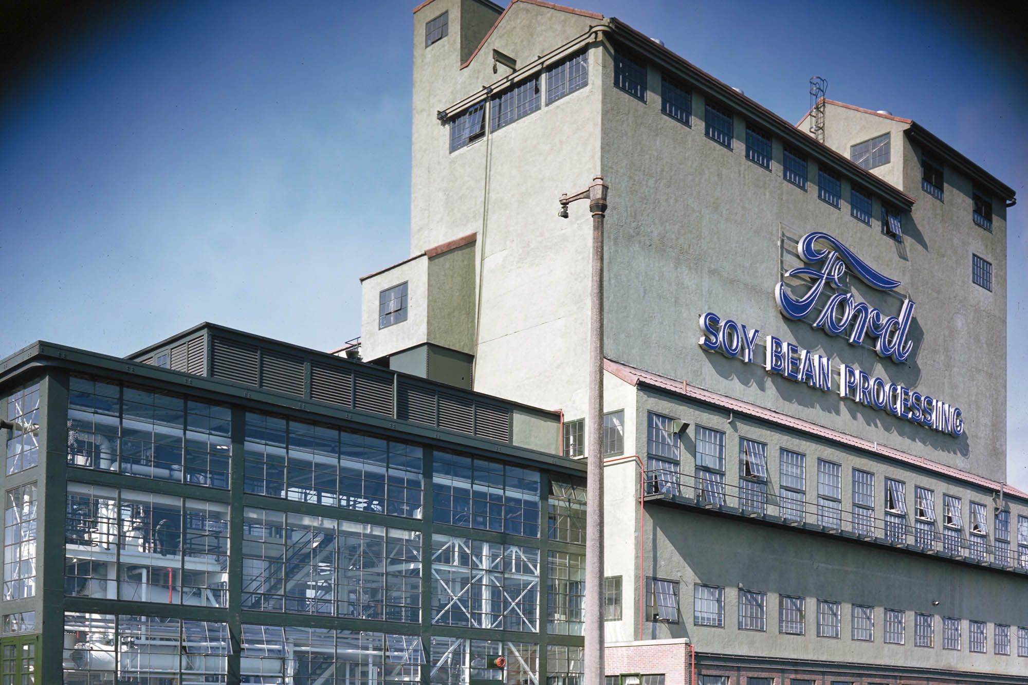 Ford factory with the words Soy Bean Processing on the front of the building