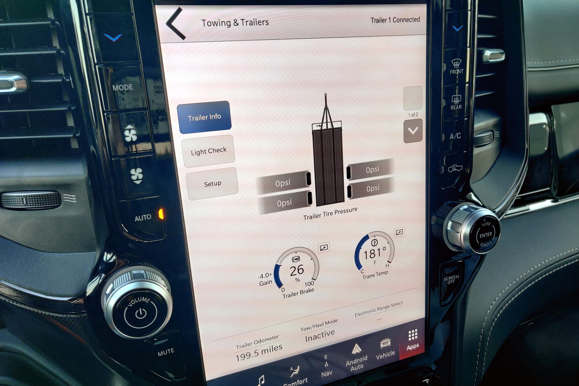 The infotainment screen showing towing information