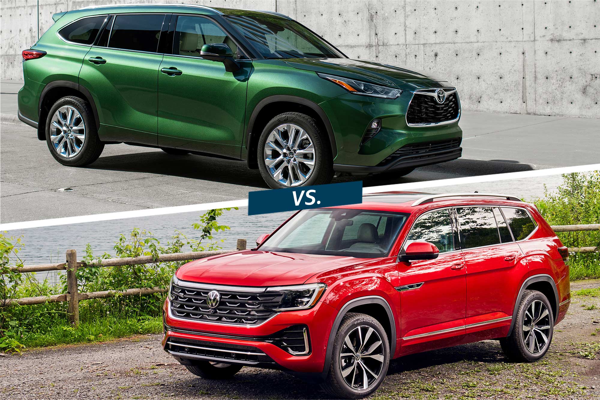 A green 2024 Toyota Highlander and a red 2024 Volkswagen Atlas