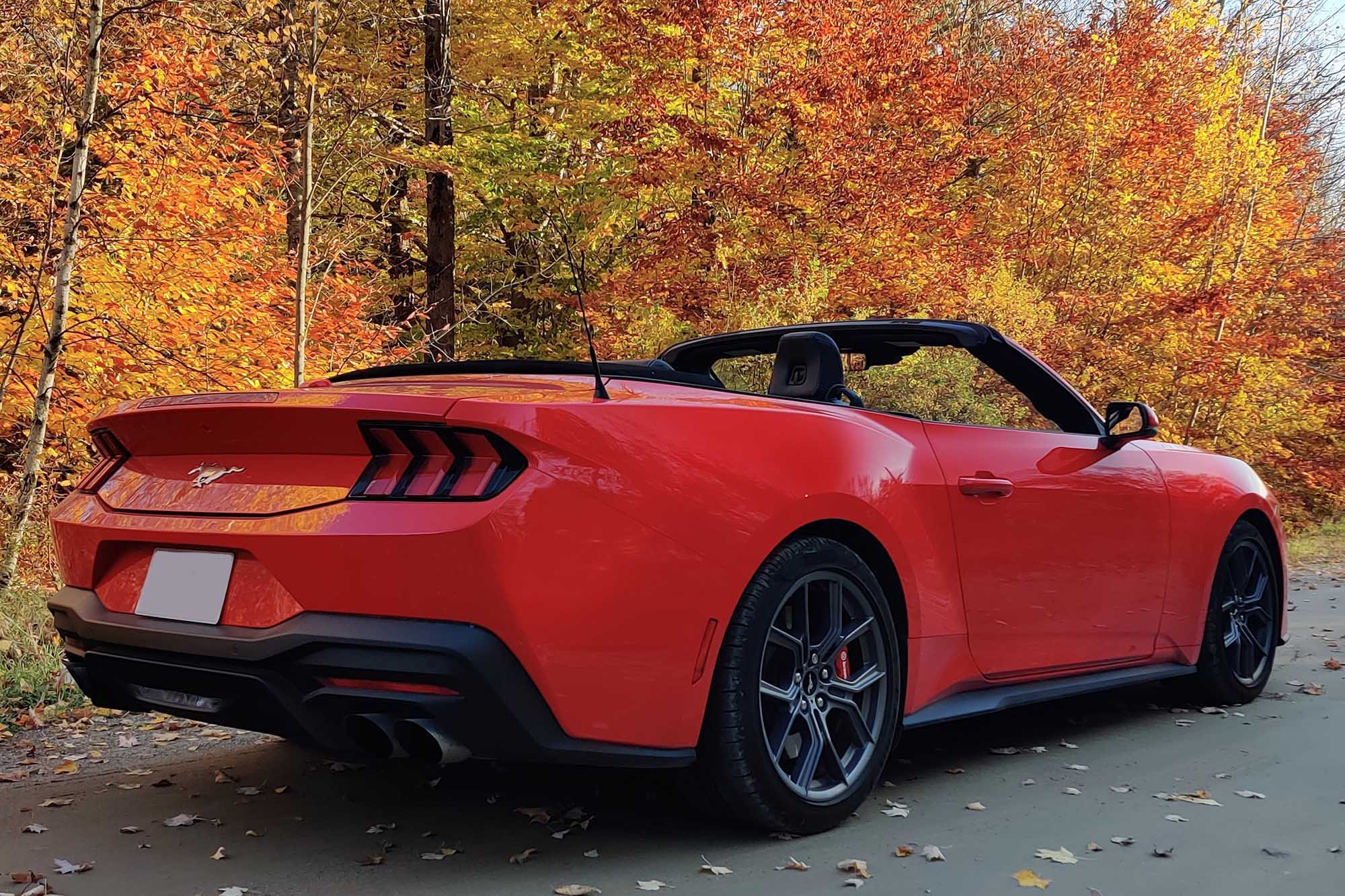 A rear view of a red 2024 Ford Mustang Convertible in front of trees.