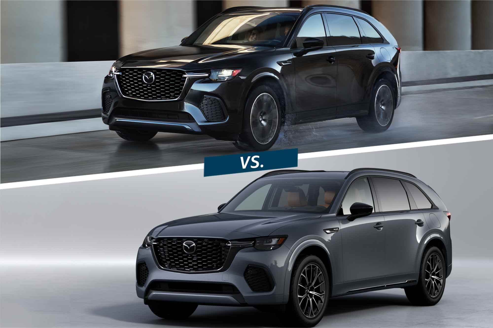 2025 Mazda CX-70 atop a split image with a 2025 Mazda CX-70 PHEV below