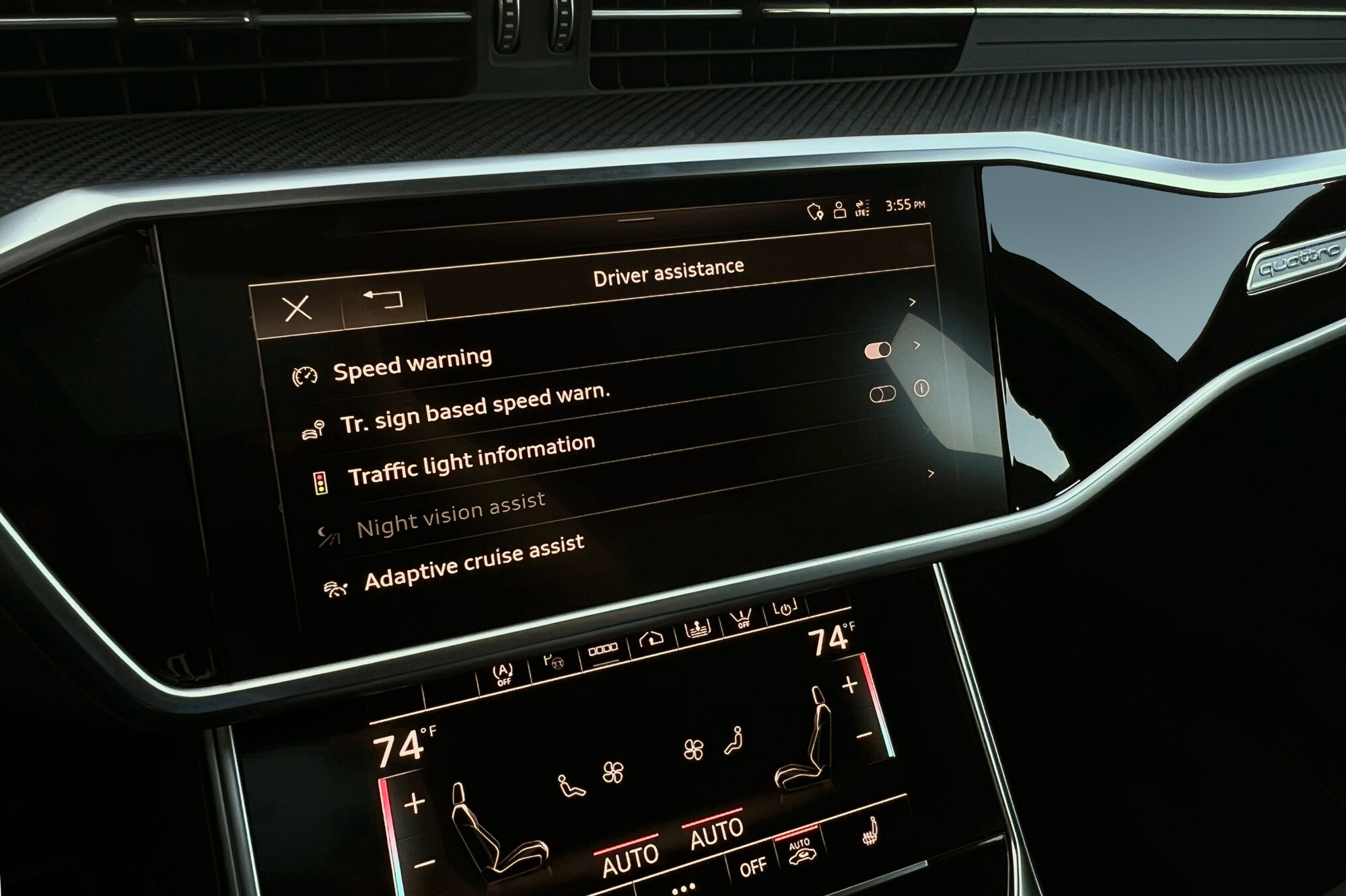 2025 Audi S6 safety features menu on the infotainment system and the touchscreen climate control panel underneath it