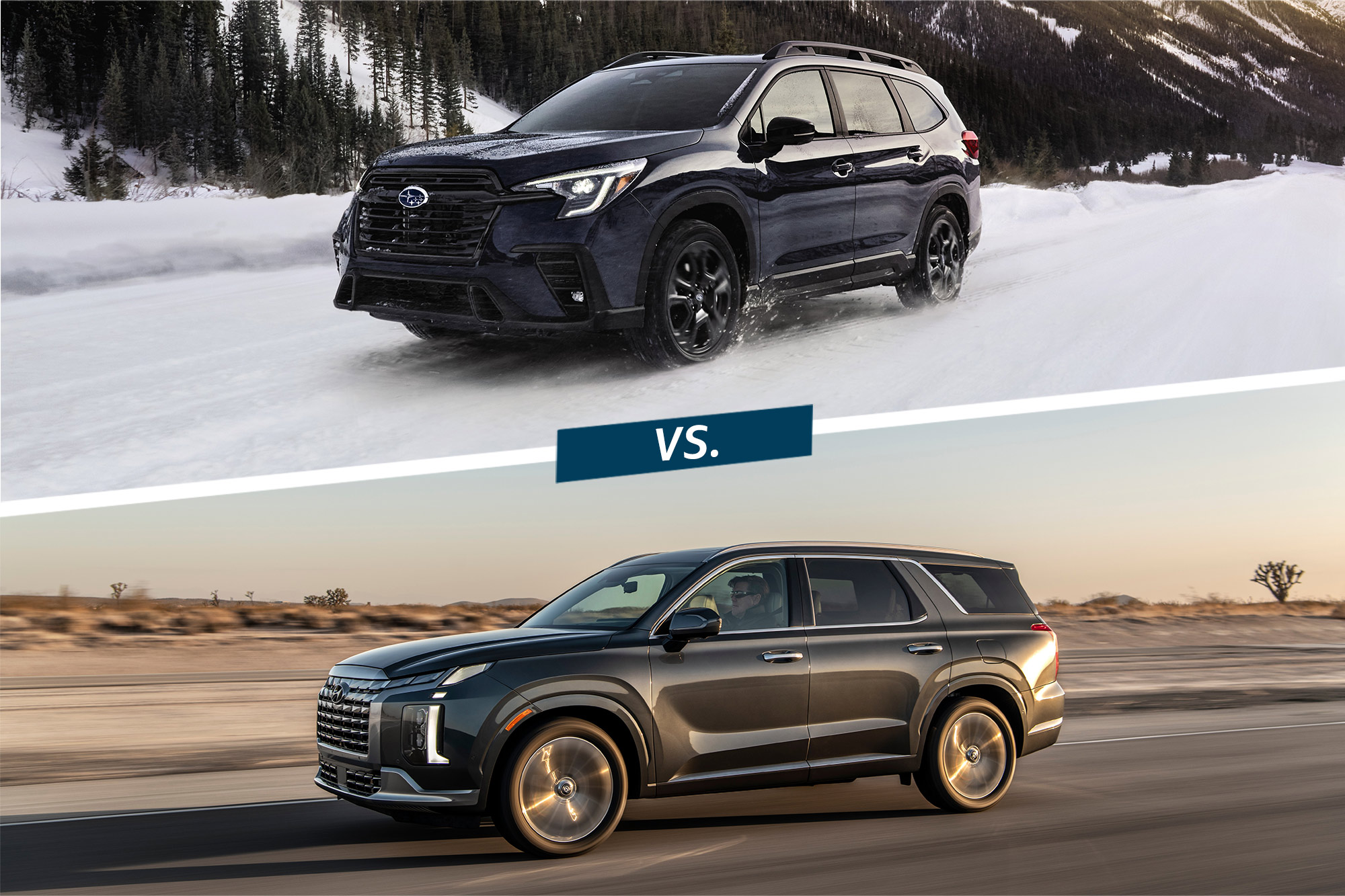 Blue 2024 Subaru Ascent in the snowy mountains compared with gray 2024 Hyundai Palisade on highway