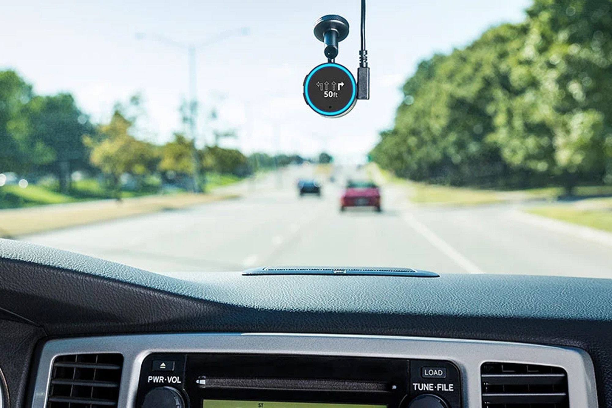 Garmin Speak attached to windshield with Alexa capability