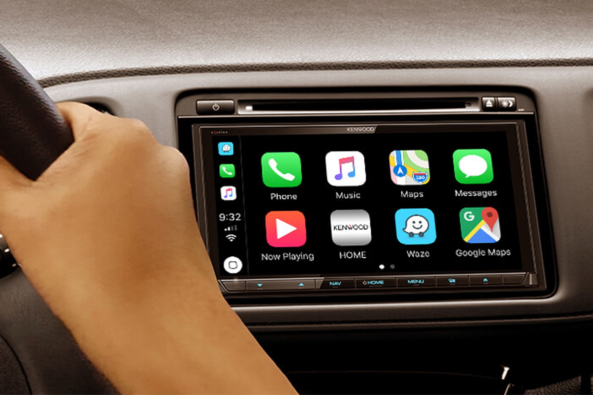 Kenwood head unit installed into a car showing Apple CarPlay