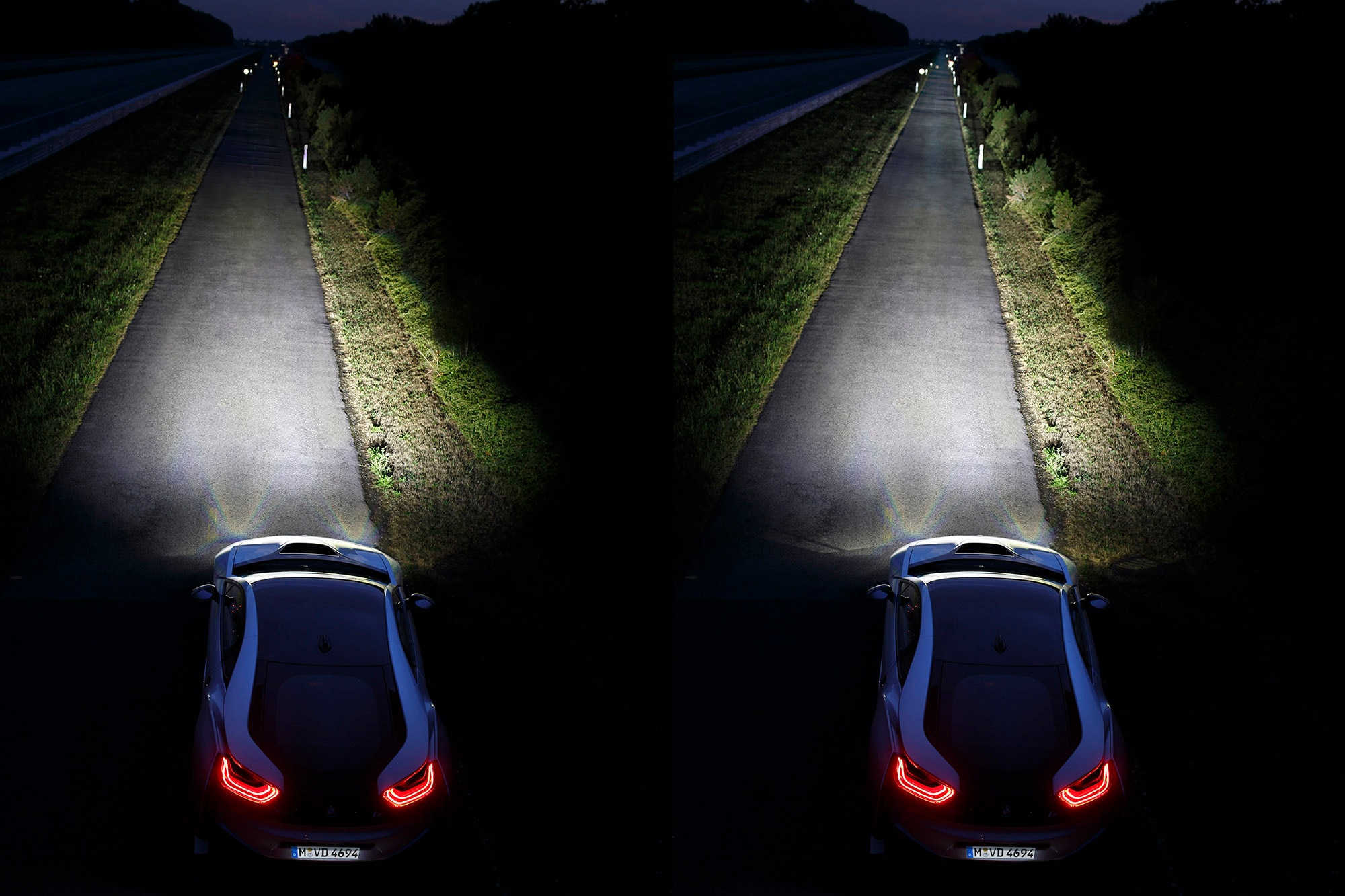 Split image of two BMW i8s using the company's Laserlight technology