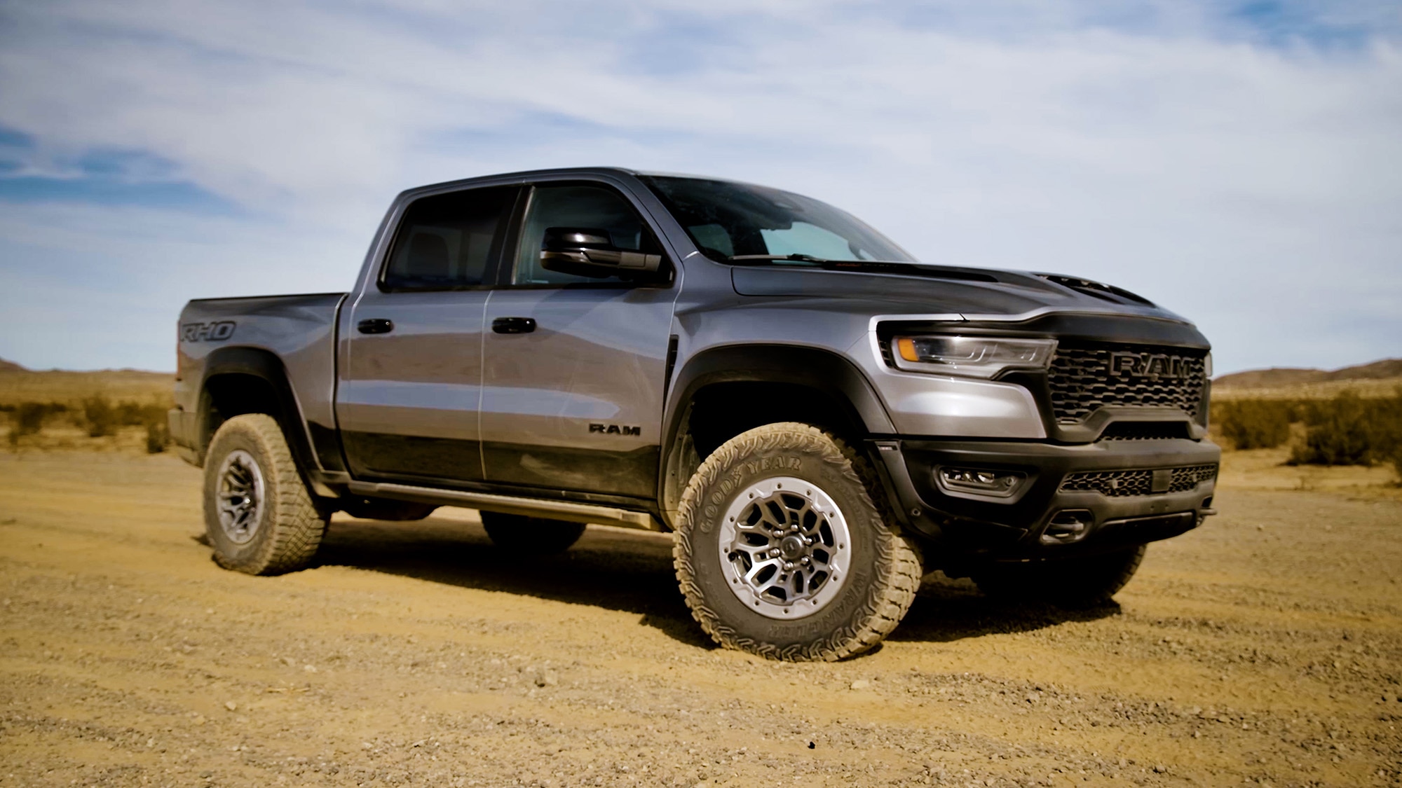 2025 Ram 1500 RHO in Billet Silver Metallic over Diamond Black Crystal Pearl parked in Johnson Valley, California