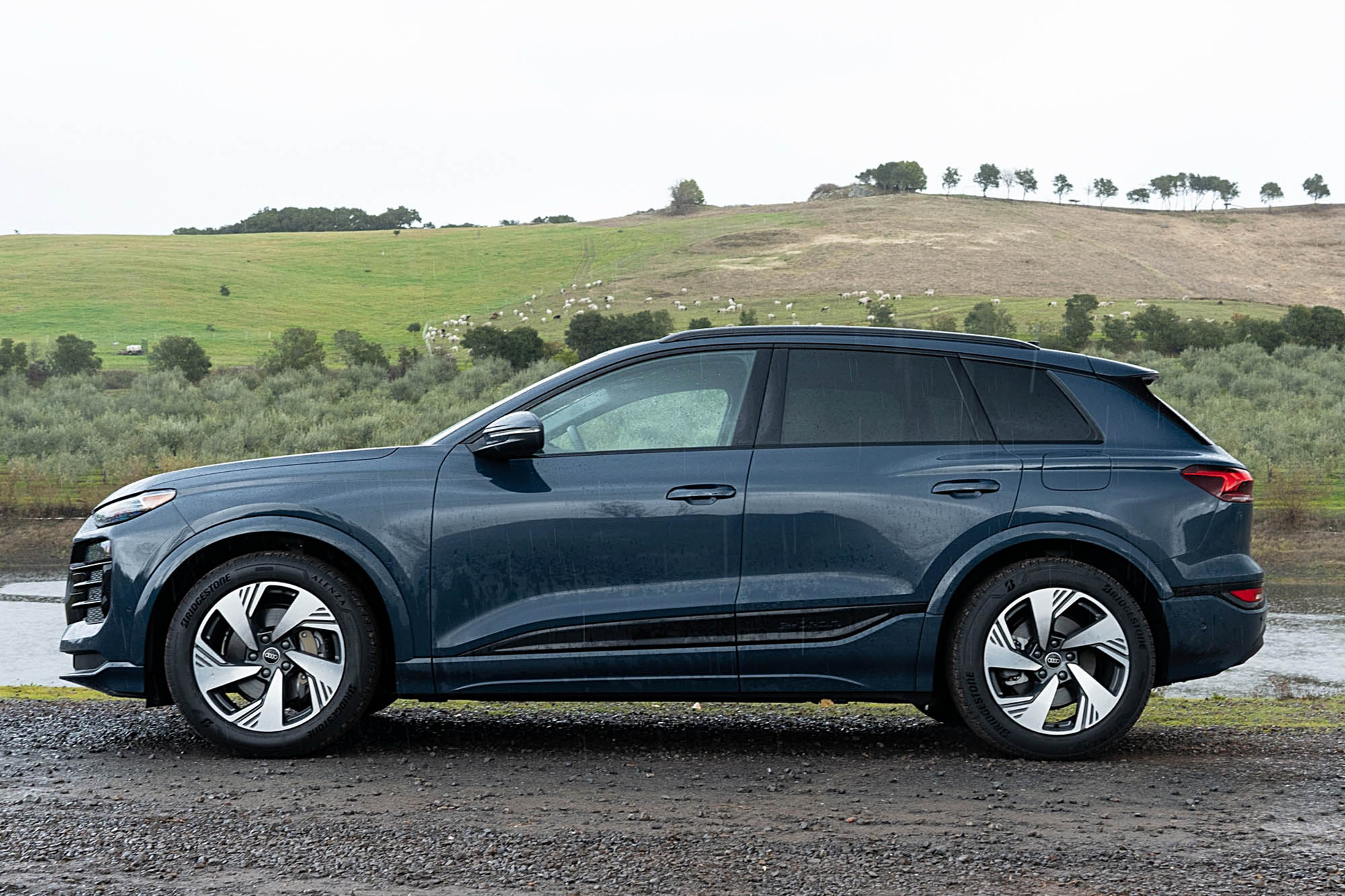 2025 Audi Q6 e-tron Prestige in Plasma Blue with a pond and green, rolling hillside in the background.