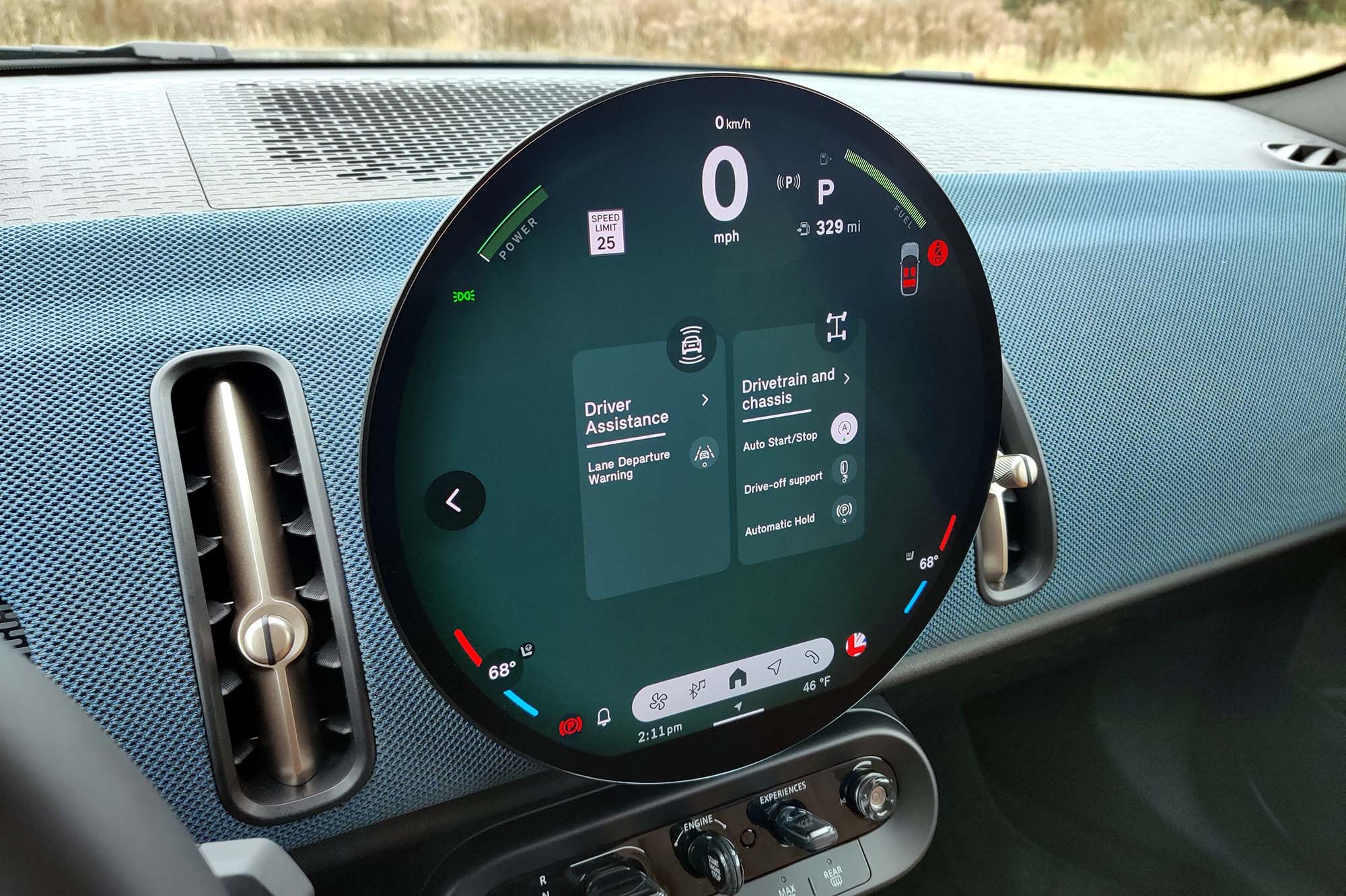 2025 Mini Countryman S All4 interior showing the infotainment system and safety features menu.