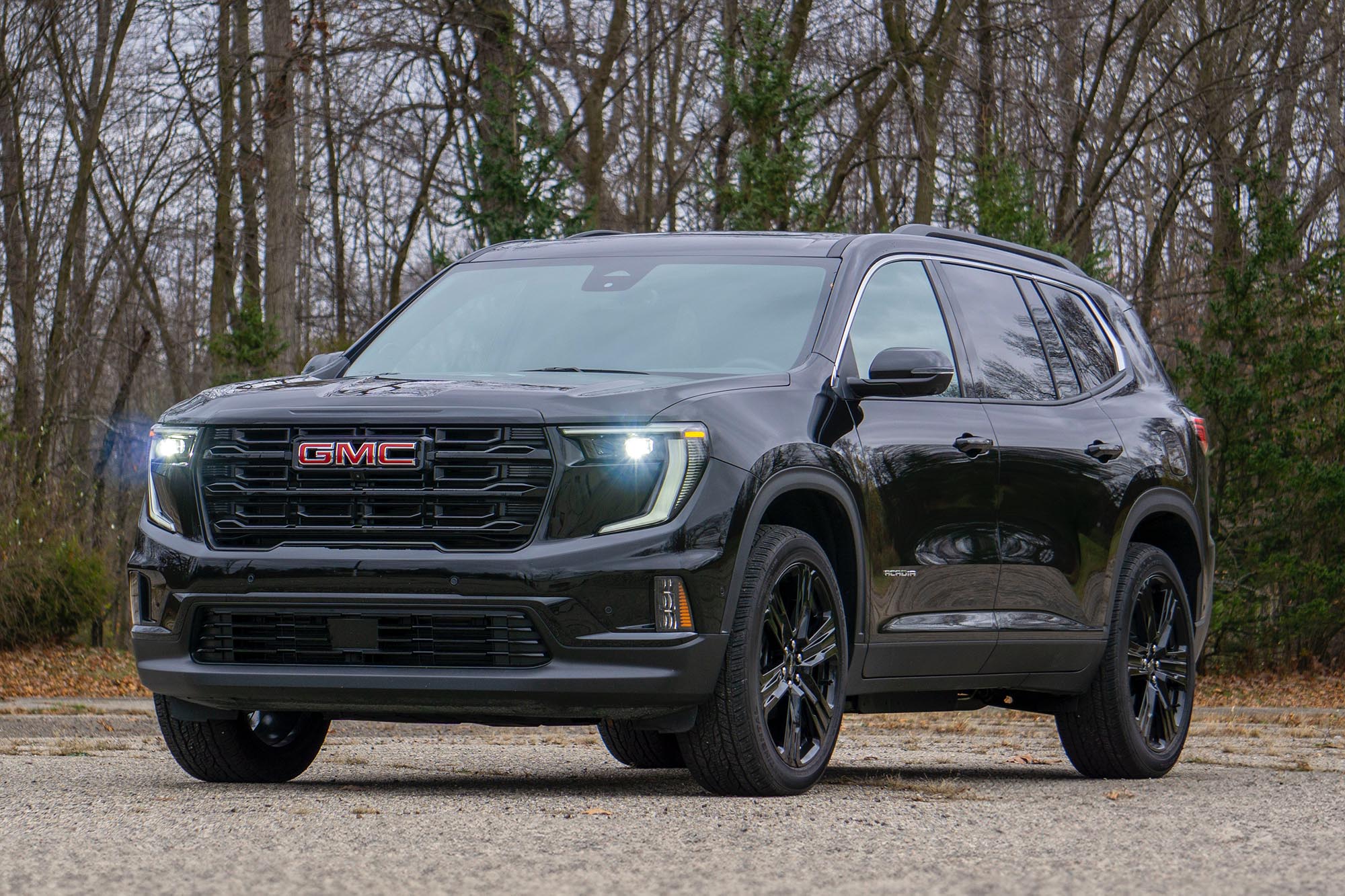 2024 GMC Acadia Elevation Black Edition in Ebony Twilight with trees in the background.