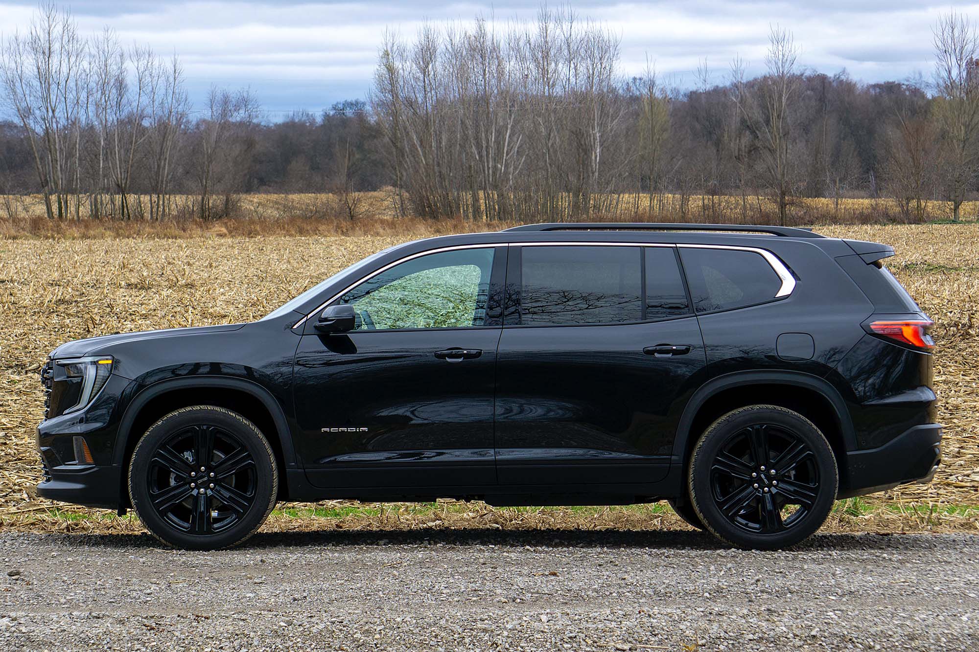 2024 GMC Acadia Elevation Black Edition in Ebony Twilight with a field, trees, and gray sky in the background.