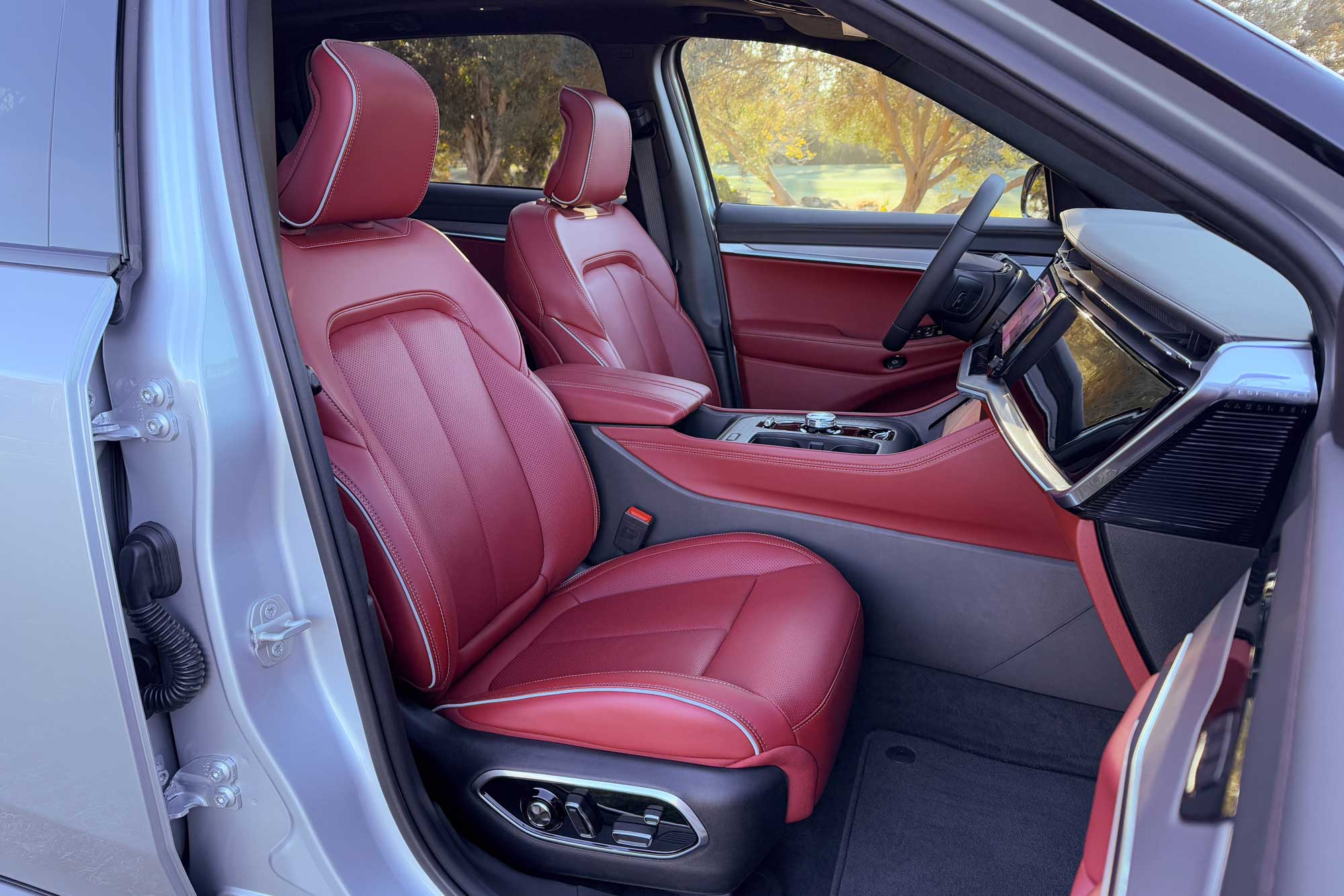 2024 Jeep Wagoneer S Launch Edition interior in Radar Red showing the front seats.