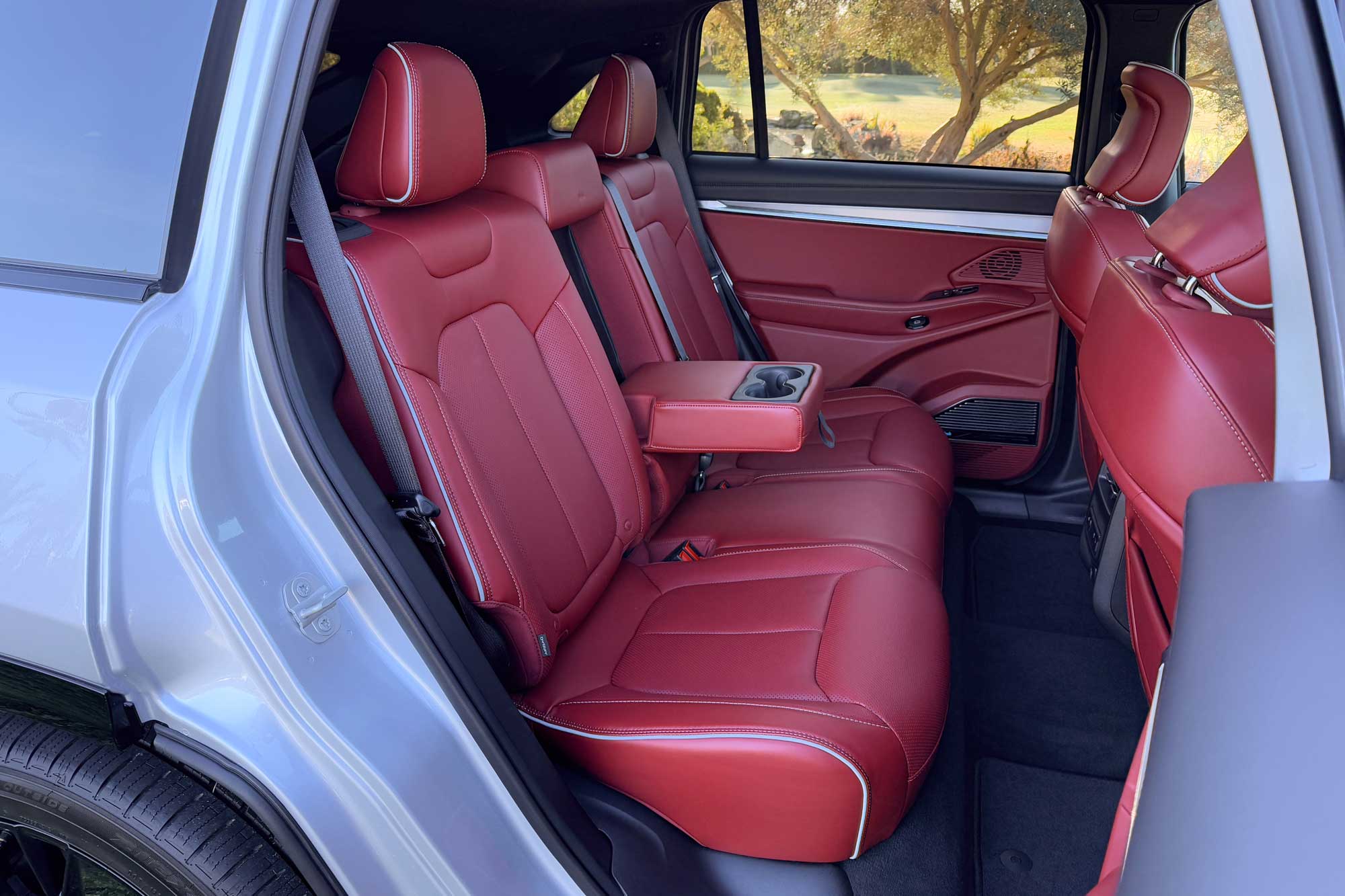 2024 Jeep Wagoneer S Launch Edition interior in Radar Red showing the back seat.