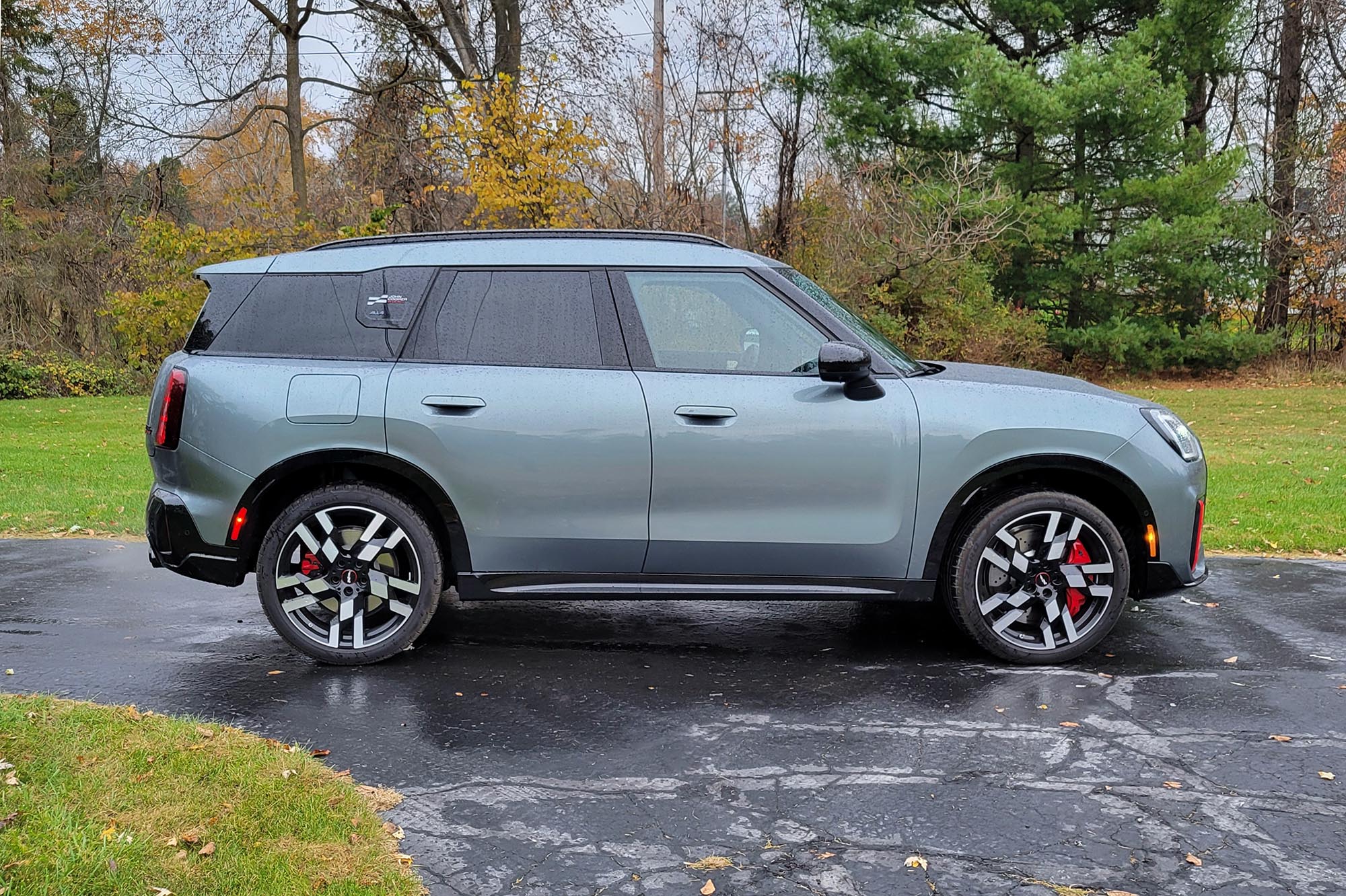 2025 Mini Countryman John Cooper Works in Smokey Green, side profile.