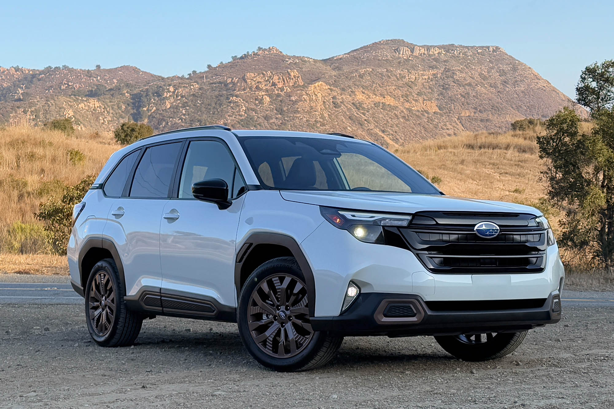 2025 Subaru Forester Sport in Crystal White Pearl with trees and mountains in the background.