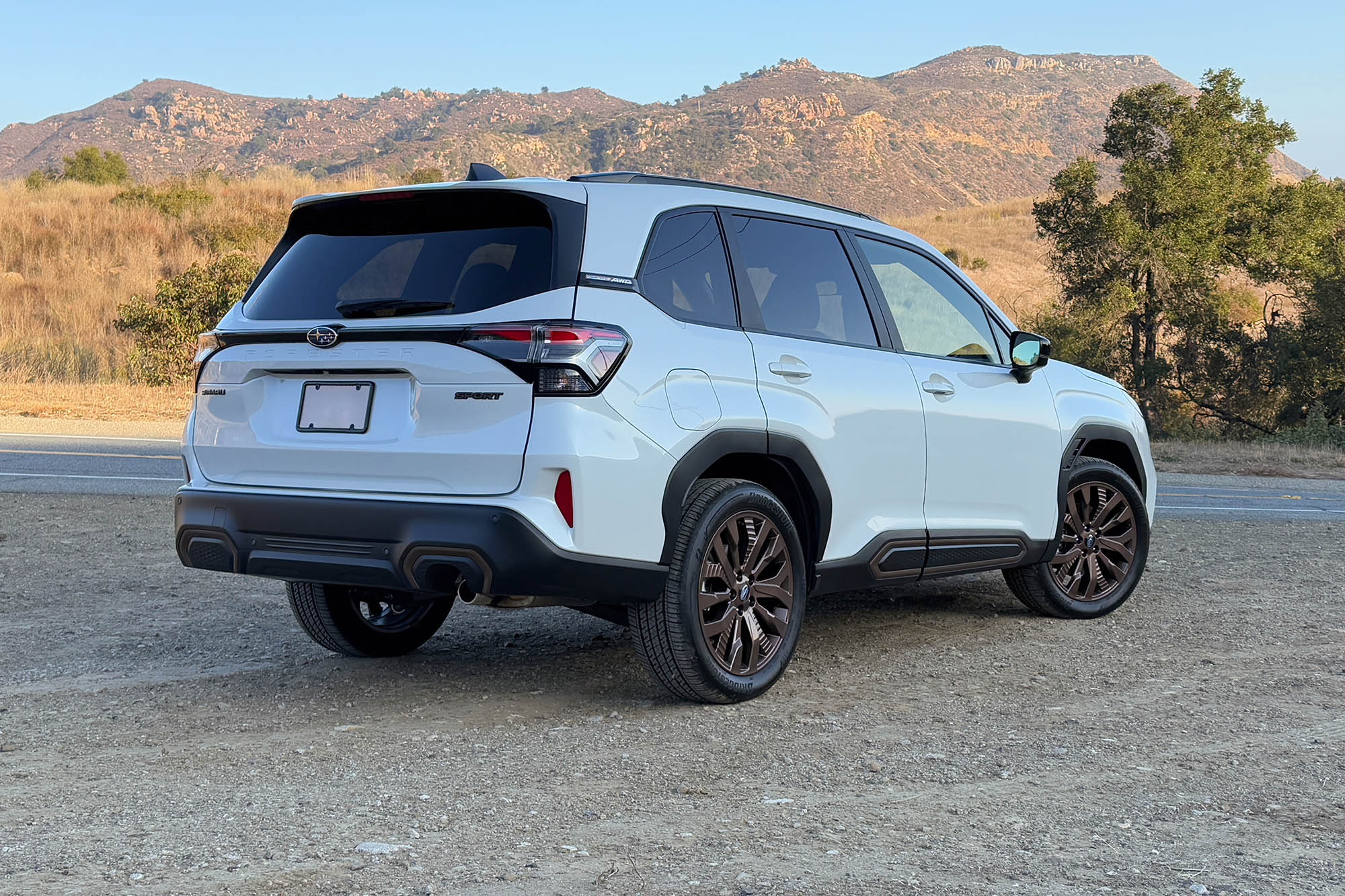 2025 Subaru Forester Sport in Crystal White Pearl with trees and mountains in the background.