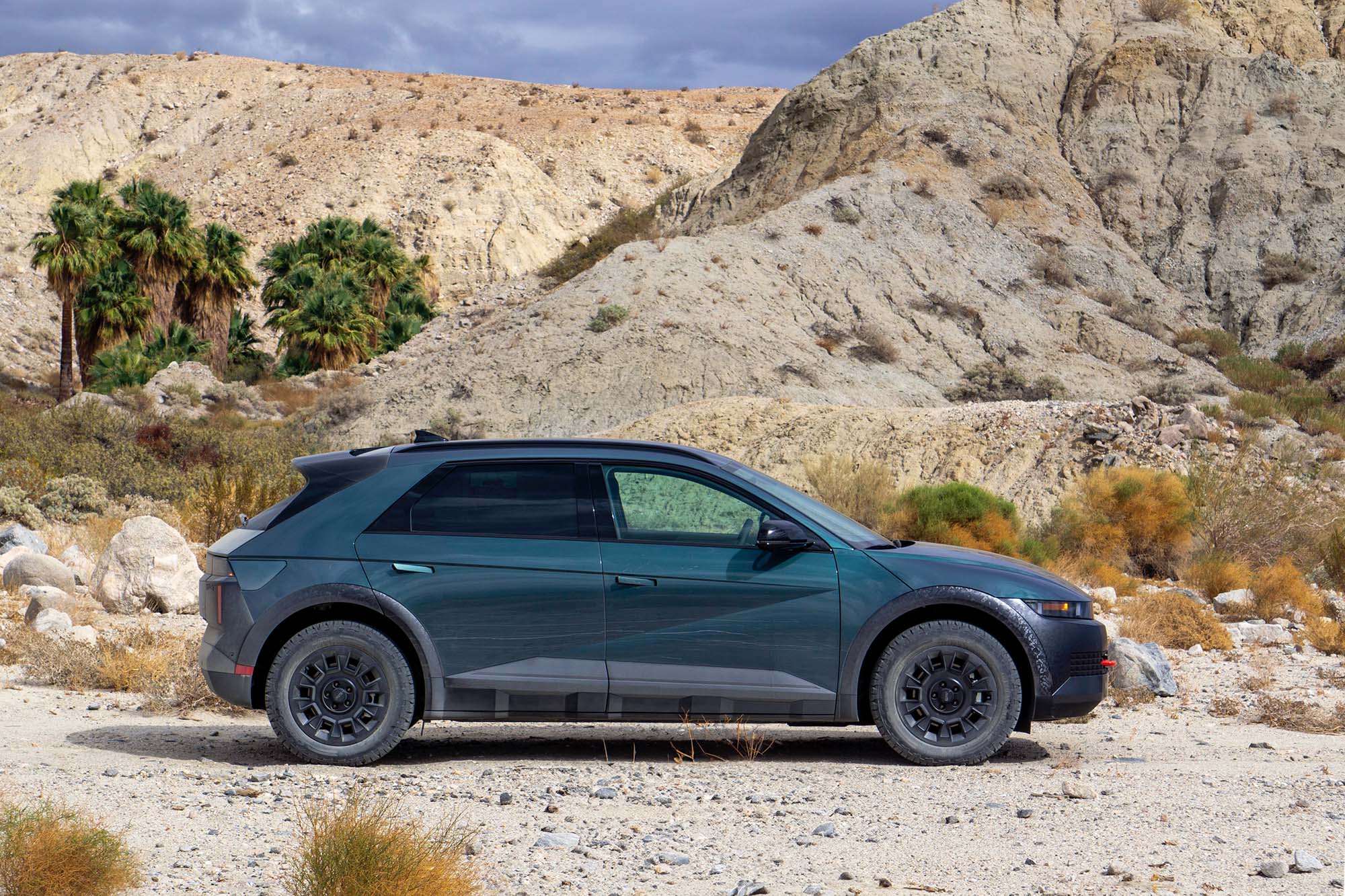 2025 Hyundai Ioniq 5 XRT in Digital Teal with desert, palm trees, and mountains in the background.