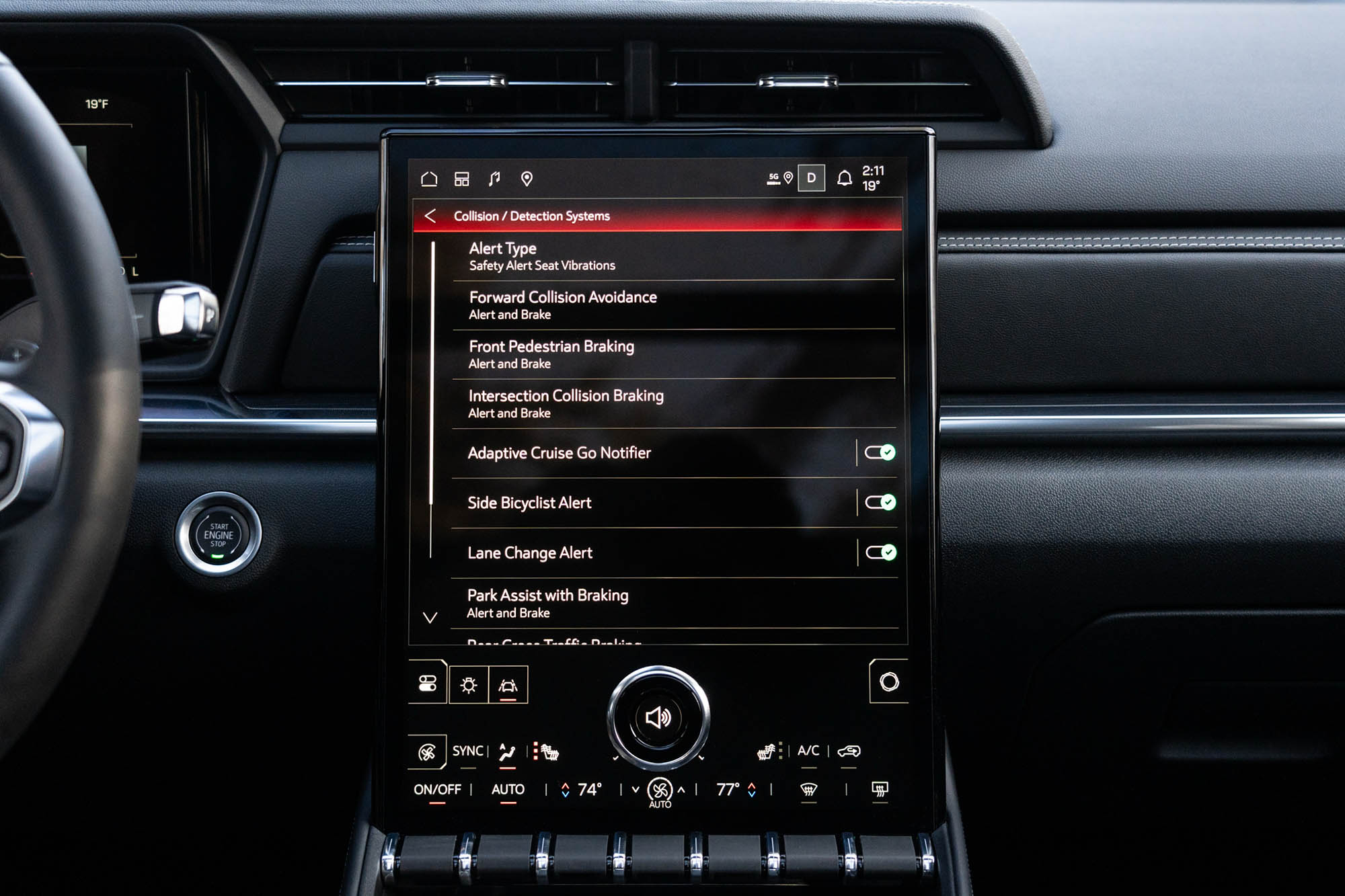 2025 GMC Terrain Elevation interior showing the safety features menu on the infotainment system.