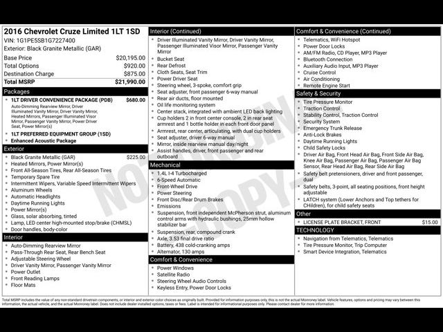 2016 Chevrolet Cruze Limited LT