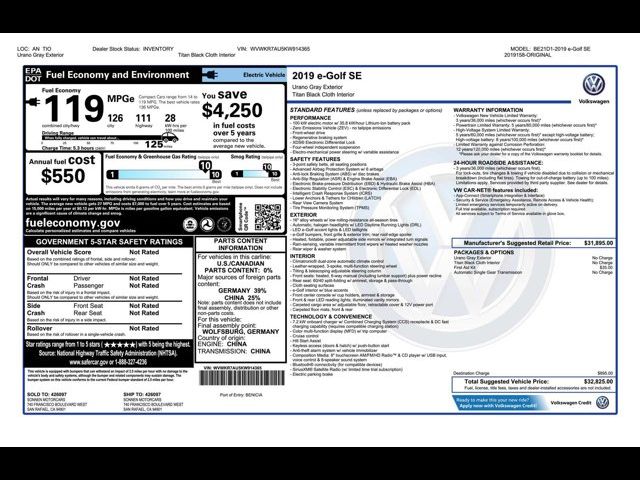2019 Volkswagen e-Golf SE