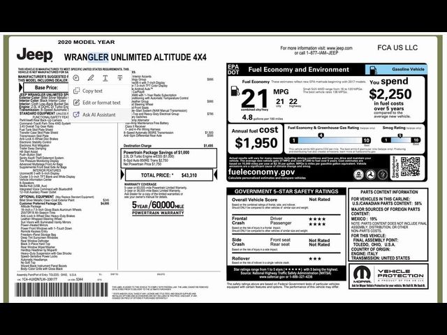 2020 Jeep Wrangler Unlimited Sport Altitude