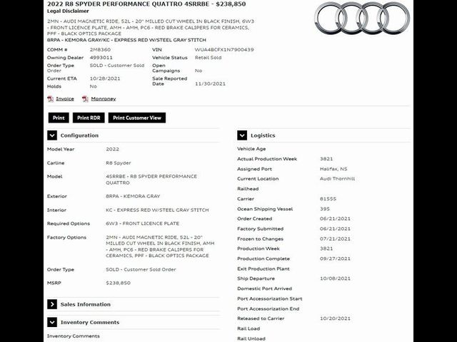 2022 Audi R8 Spyder V10 Performance