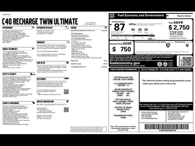 2022 Volvo C40 Recharge Pure Electric Ultimate